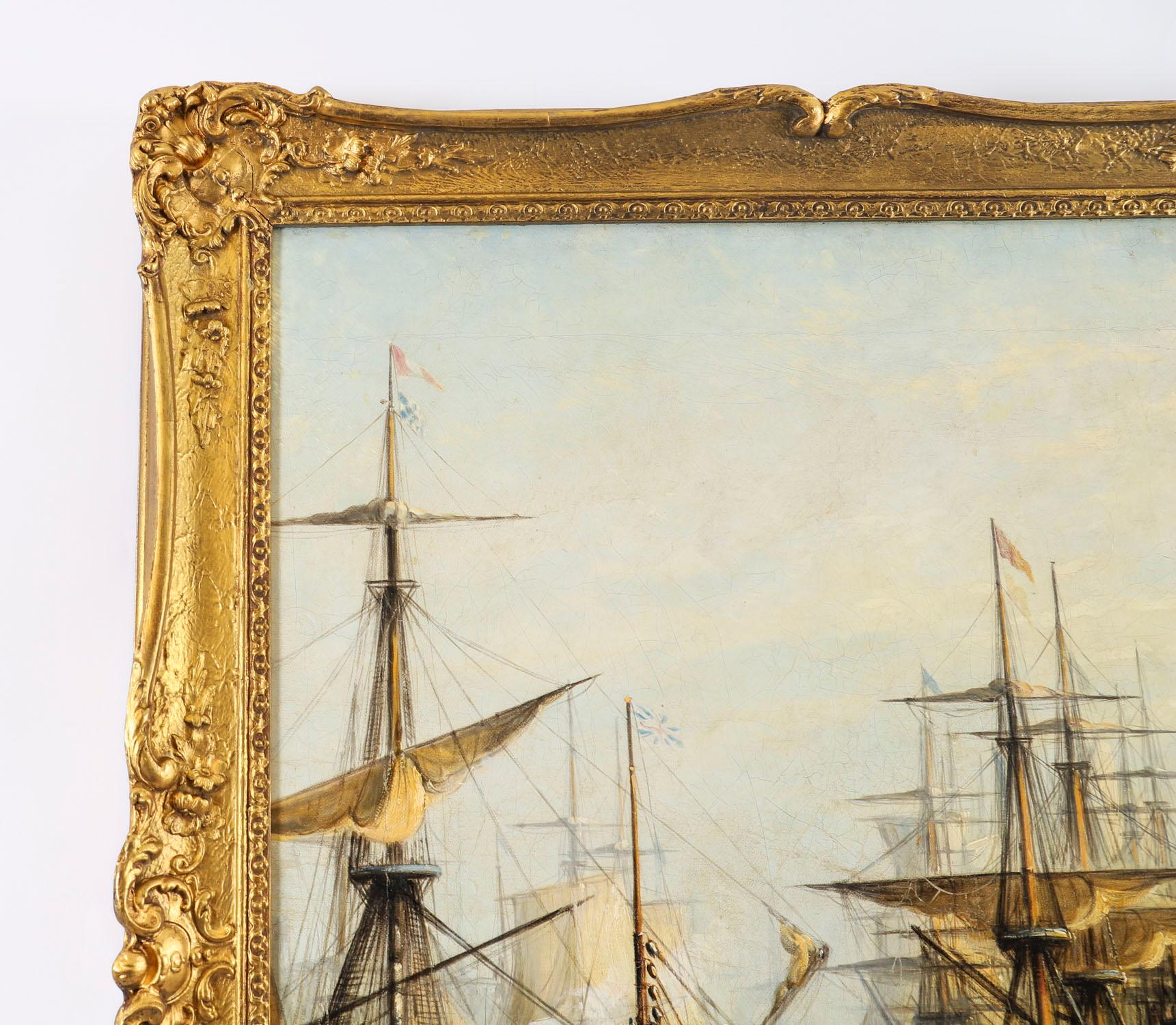 Antique Oil Painting Harboured Naval Flotilla Att Francis Moltino 19th Century For Sale 4