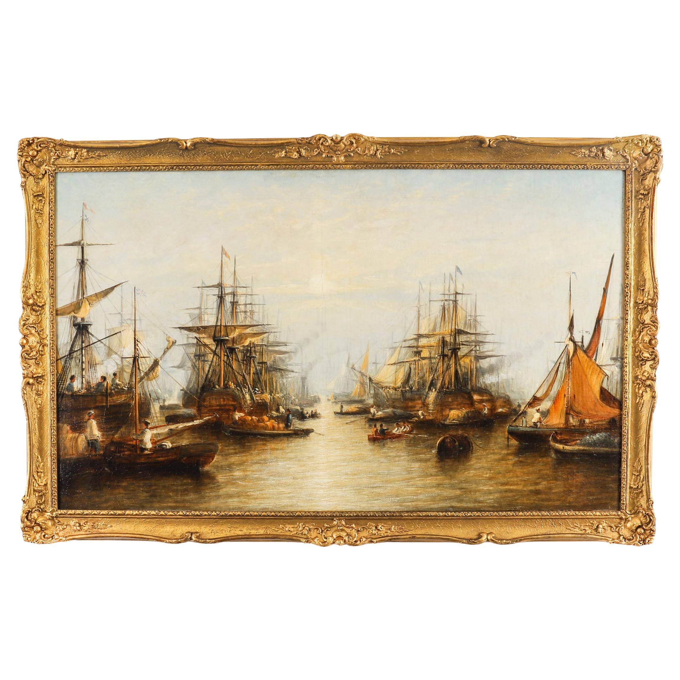 Antique Oil Painting Harboured Naval Flotilla Att Francis Moltino 19th Century For Sale