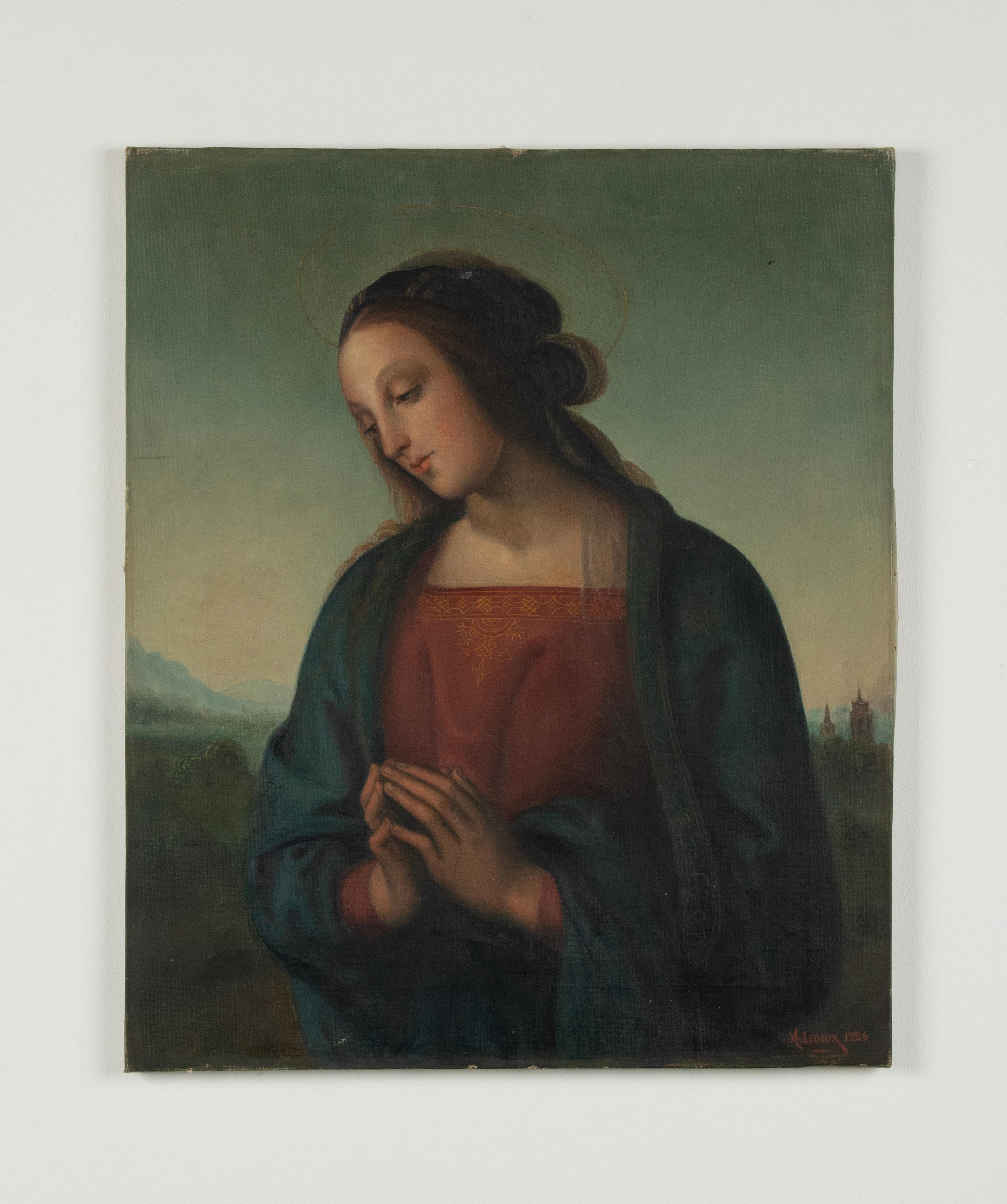 A beautiful painting depicting Mother Mary. 
Oil paint on canvas.
Beautiful understated performance. Atmospheric and striking.
The painting is signed and dated A. Ledoux 1924.
Dimensions: 55 x 46 cm
Free Shipping
