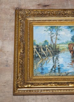 ANTIQUE OIL PAINTING HORSE RIDER CROSSING A STREAM GILTED FRAME 49 x 60 CM