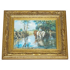 ANTIQUE OIL PAINTING HORSE RIDER CROSSING A STREAM GILTED FRAME 49 x 60 CM