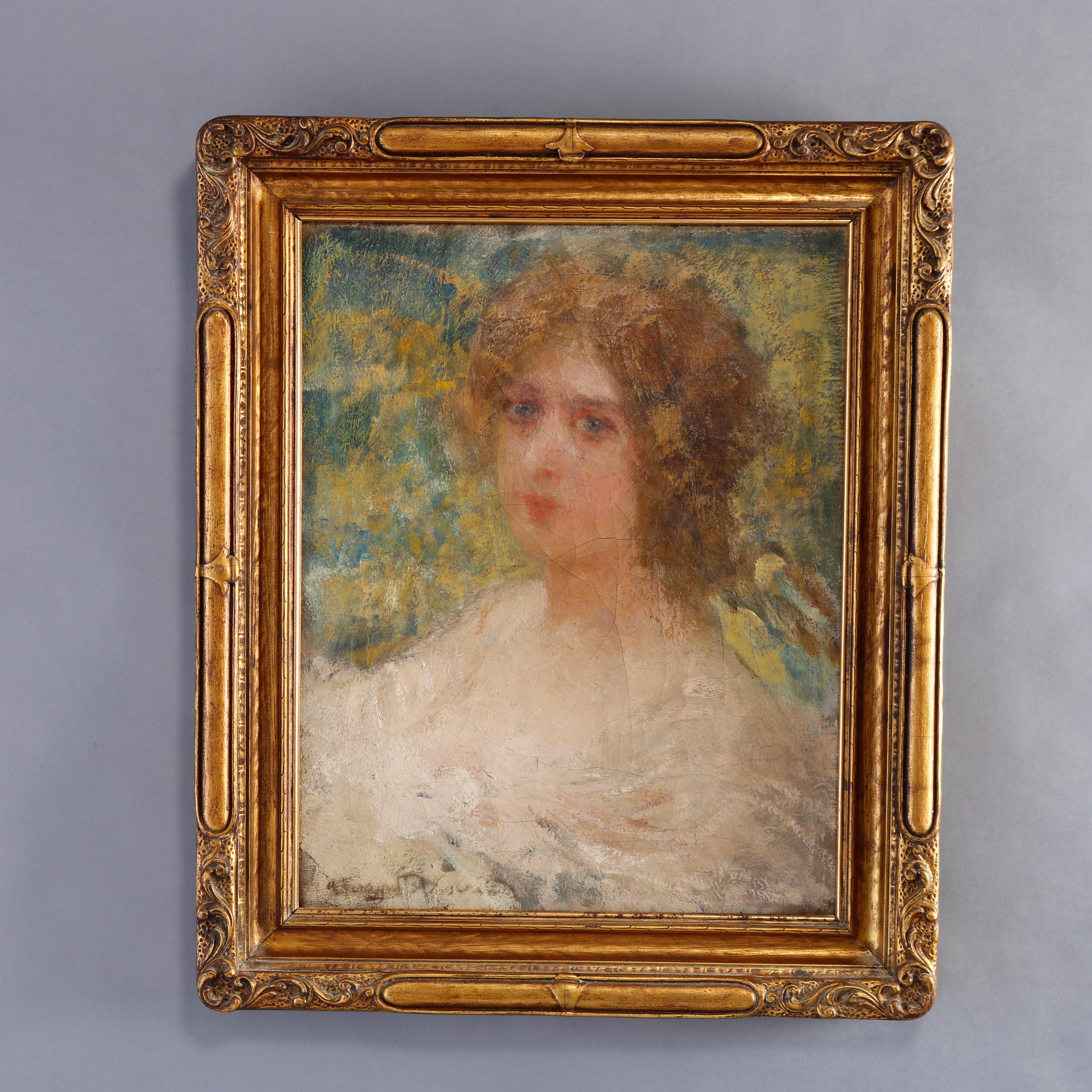 An antique Italian oil painting by Adolfo Visconti offers oil on canvas impressionist portrait of a lady, artist signed lower left, seated in giltwood frame, c1900

Measures- 28.75''h x 23.75''w x 2.5''d

Additional Information:
Adolfo