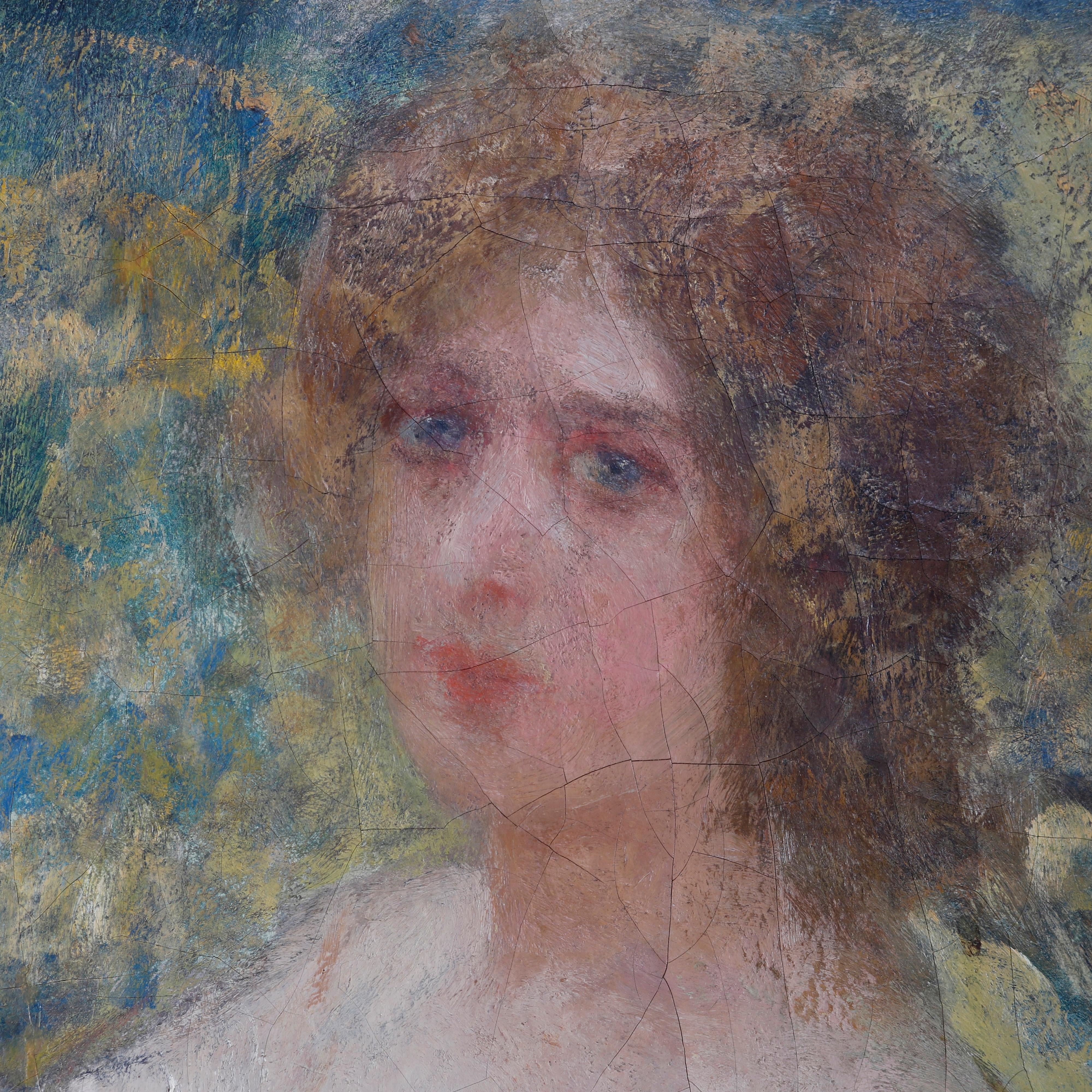 Antique Oil Painting, Impressionist Portrait of a Lady by Adolfo Visconti, c1900 In Good Condition In Big Flats, NY