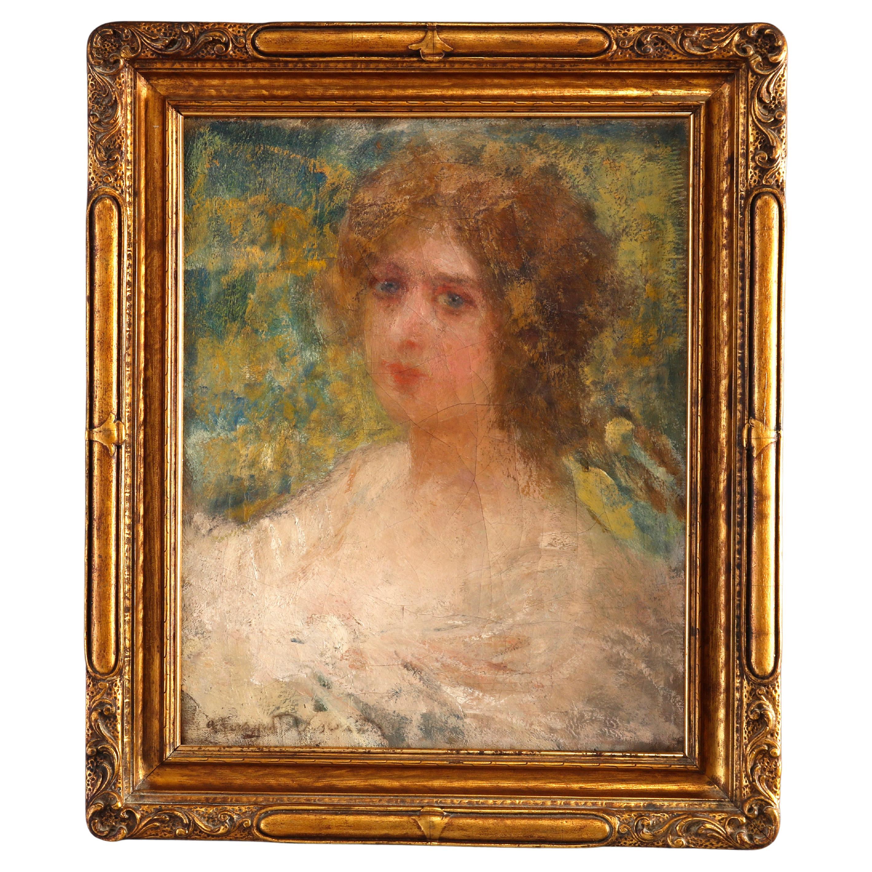 Antique Oil Painting, Impressionist Portrait of a Lady by Adolfo Visconti, c1900