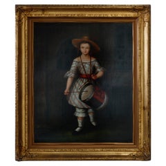 Vintage Oil Painting in Giltwood Frame, Portrait of a Young Drummer Girl, 20th C