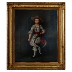 Antique Oil Painting in Giltwood Frame, Portrait of a Young Drummer Girl, 20th C