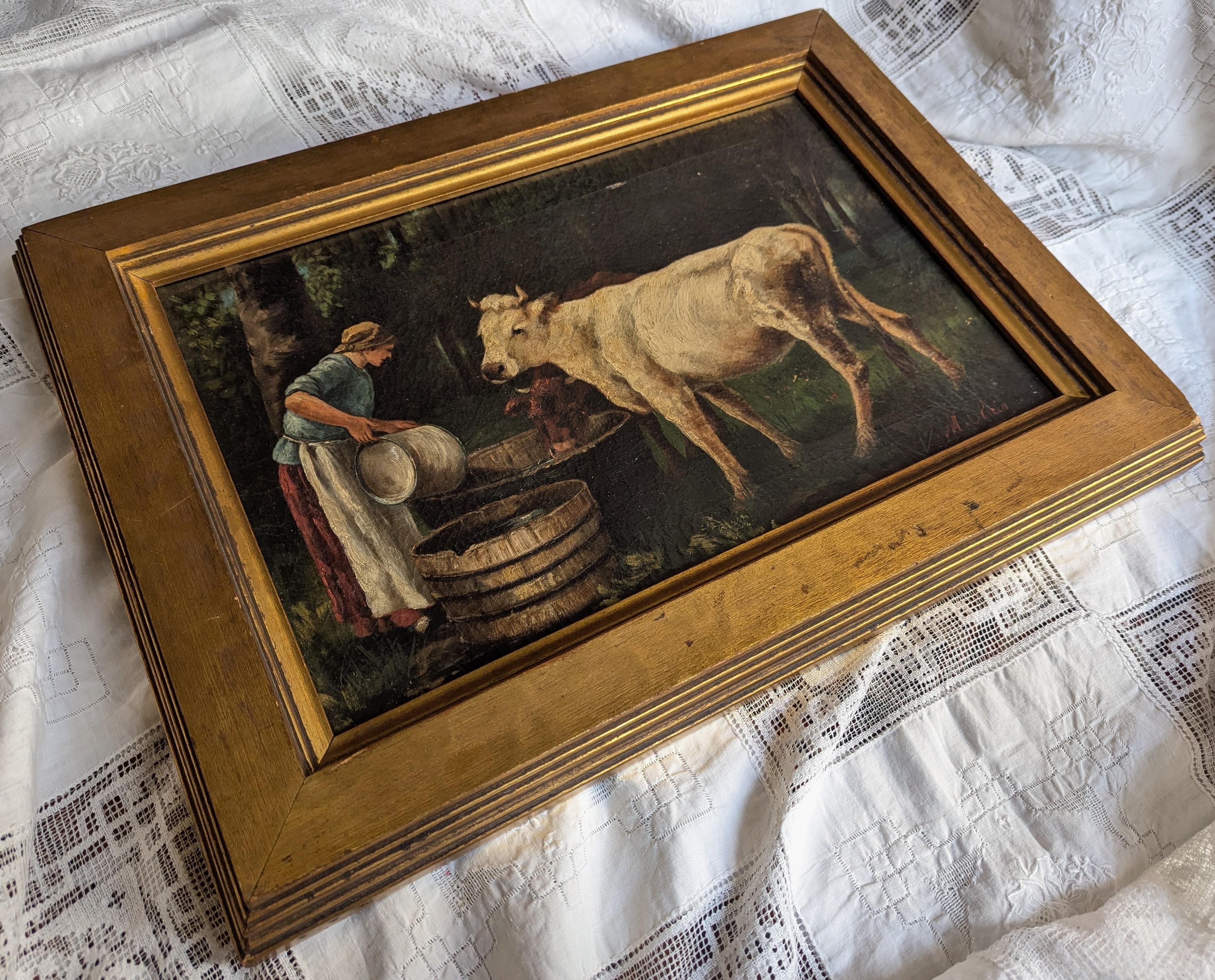 Other Antique Oil Painting in the Manner of Julian Dupre Woman with Cows Landscape For Sale