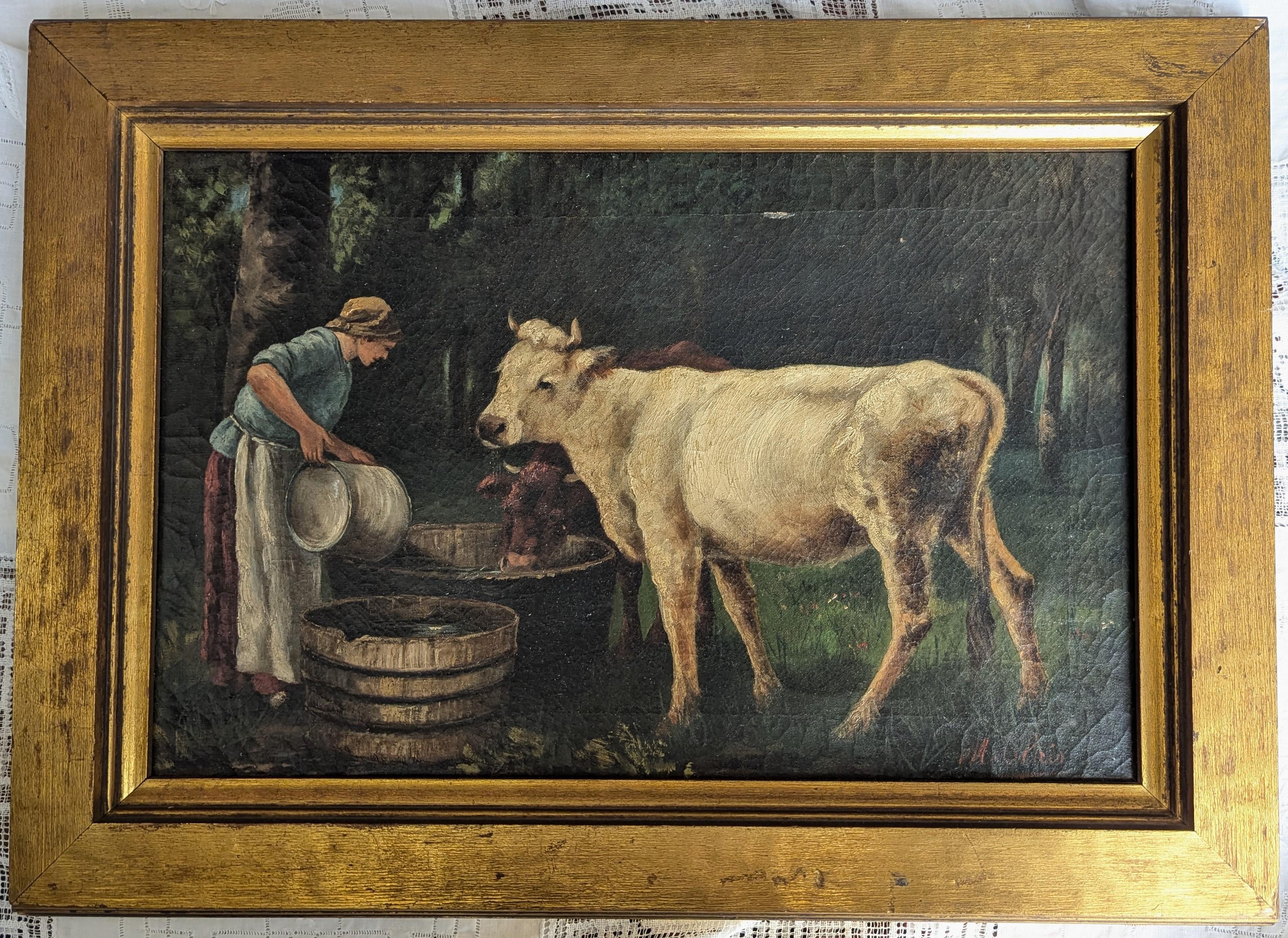 Unknown Antique Oil Painting in the Manner of Julian Dupre Woman with Cows Landscape For Sale