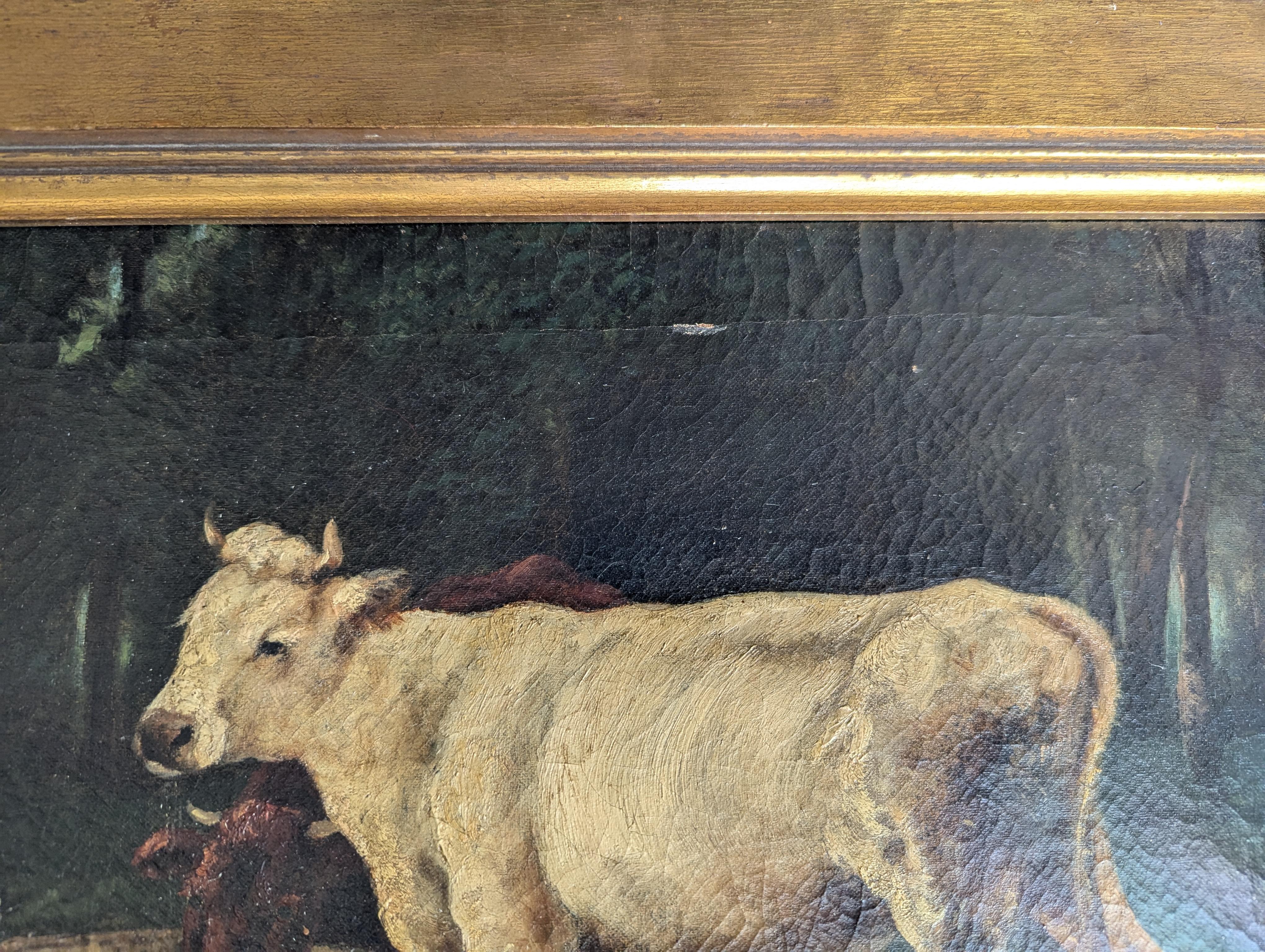 Antique Oil Painting in the Manner of Julian Dupre Woman with Cows Landscape In Fair Condition For Sale In Greer, SC