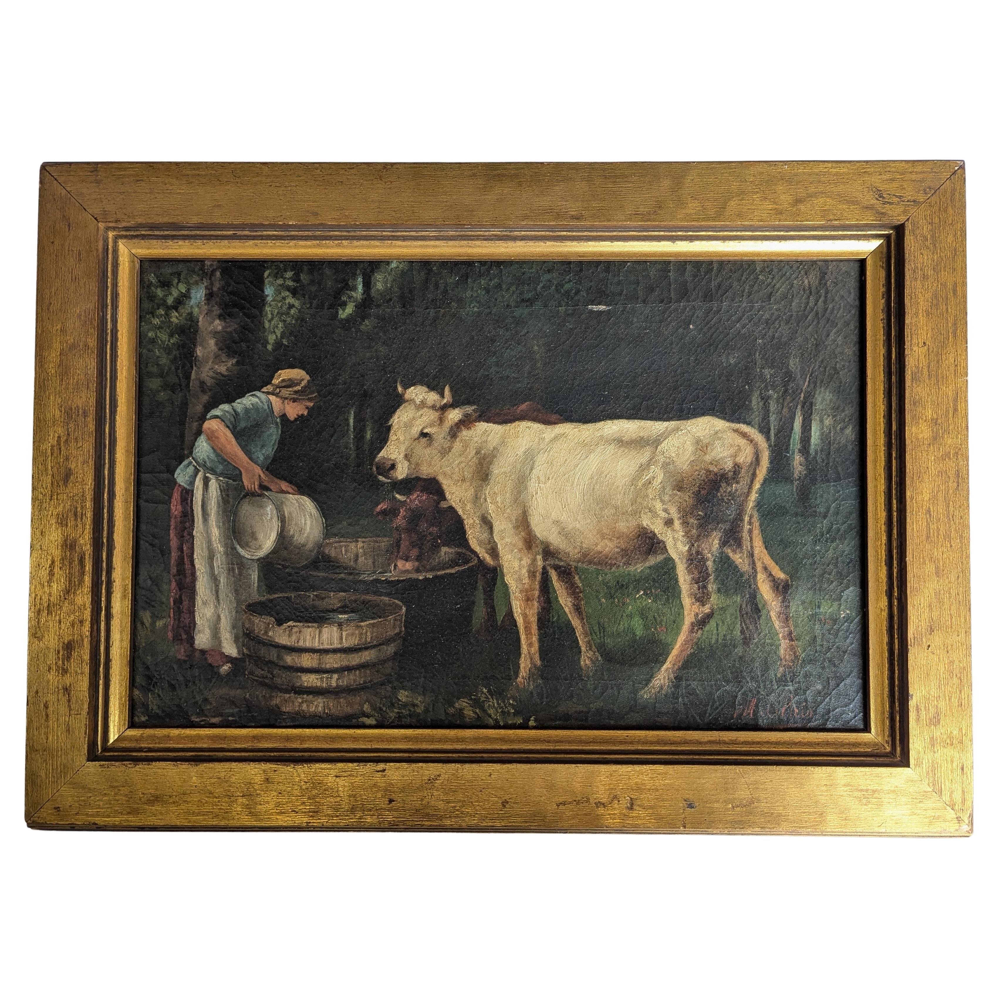 Antico dipinto a olio alla maniera di Julian Dupre Donna con mucche paesaggio