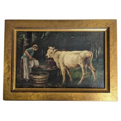 Antikes Ölgemälde in der Art von Julian Dupre, Frau mit Kühen, Landschaft, Landschaft