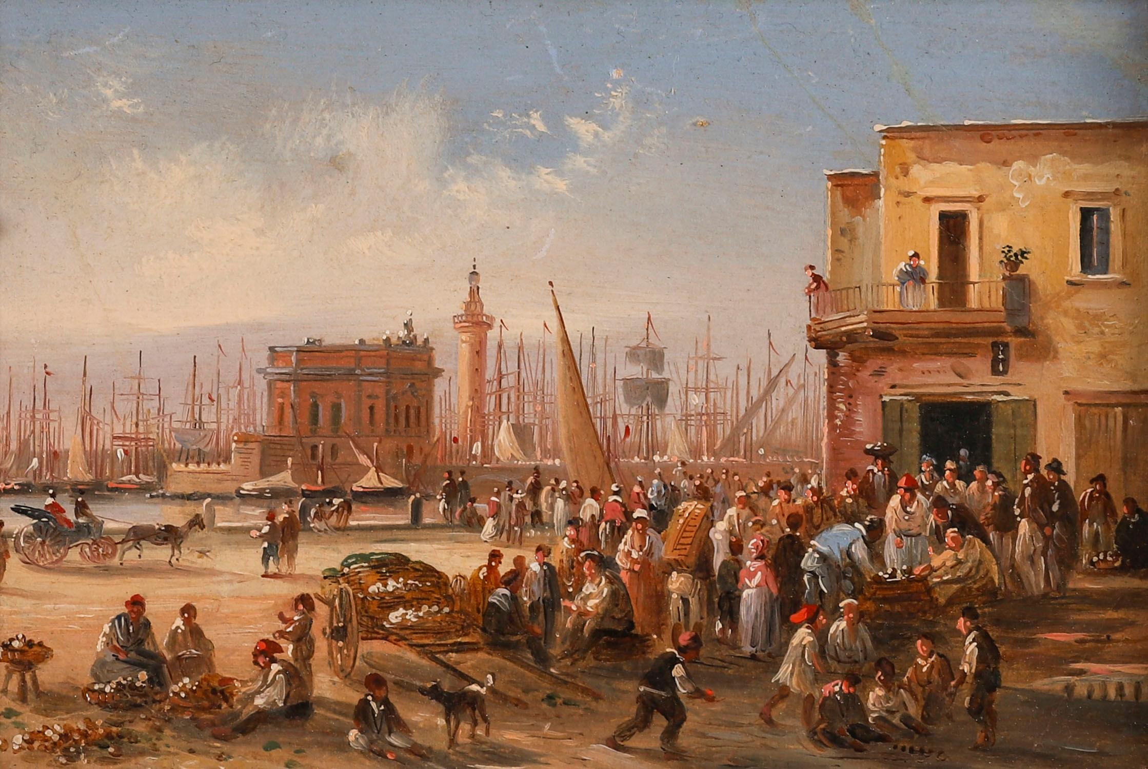 Dies ist eine feine italienische Schule Öl auf dem Brett der Blick auf den Hafen in Venedig, aus der Mitte des 19. Jahrhunderts.

Dieses fein gemalte Gemälde zeigt eine eindrucksvolle Ansicht einer belebten Hafenszene mit einer Menge von