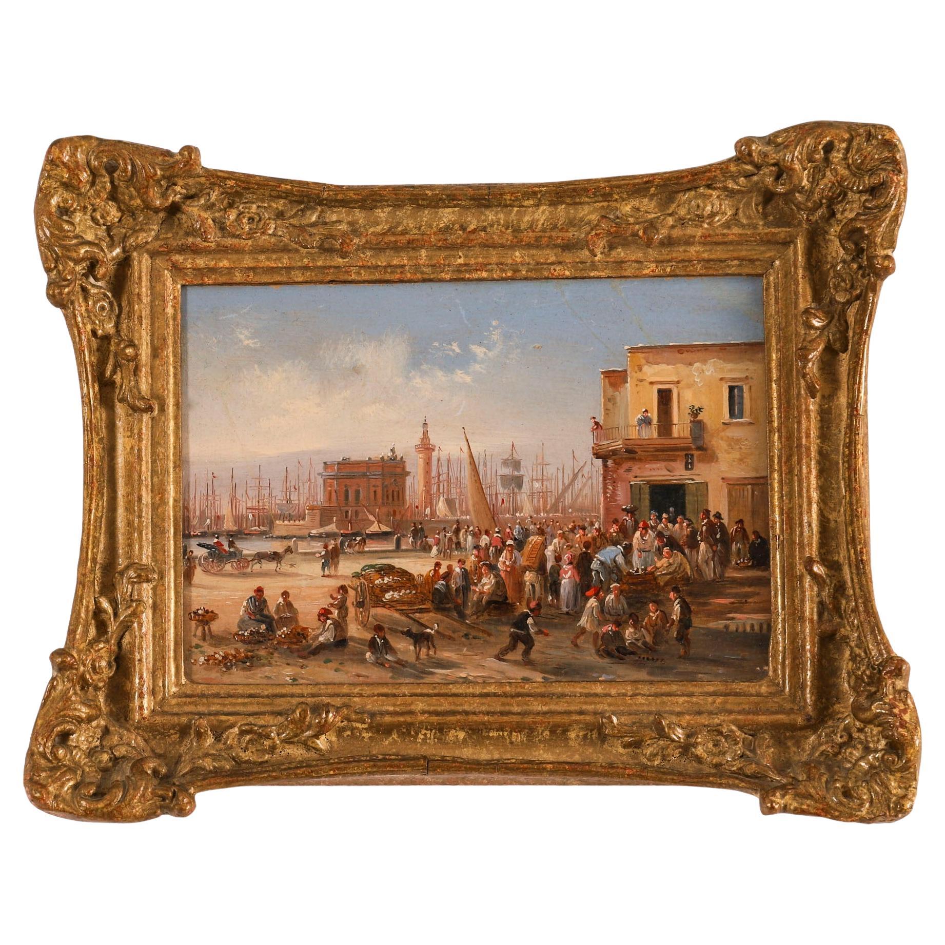 Pittura ad olio antica Scena di porto italiana del XIX secolo