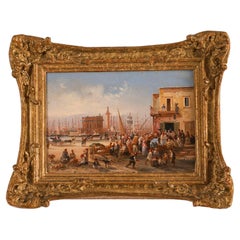 Pittura ad olio antica Scena di porto italiana del XIX secolo