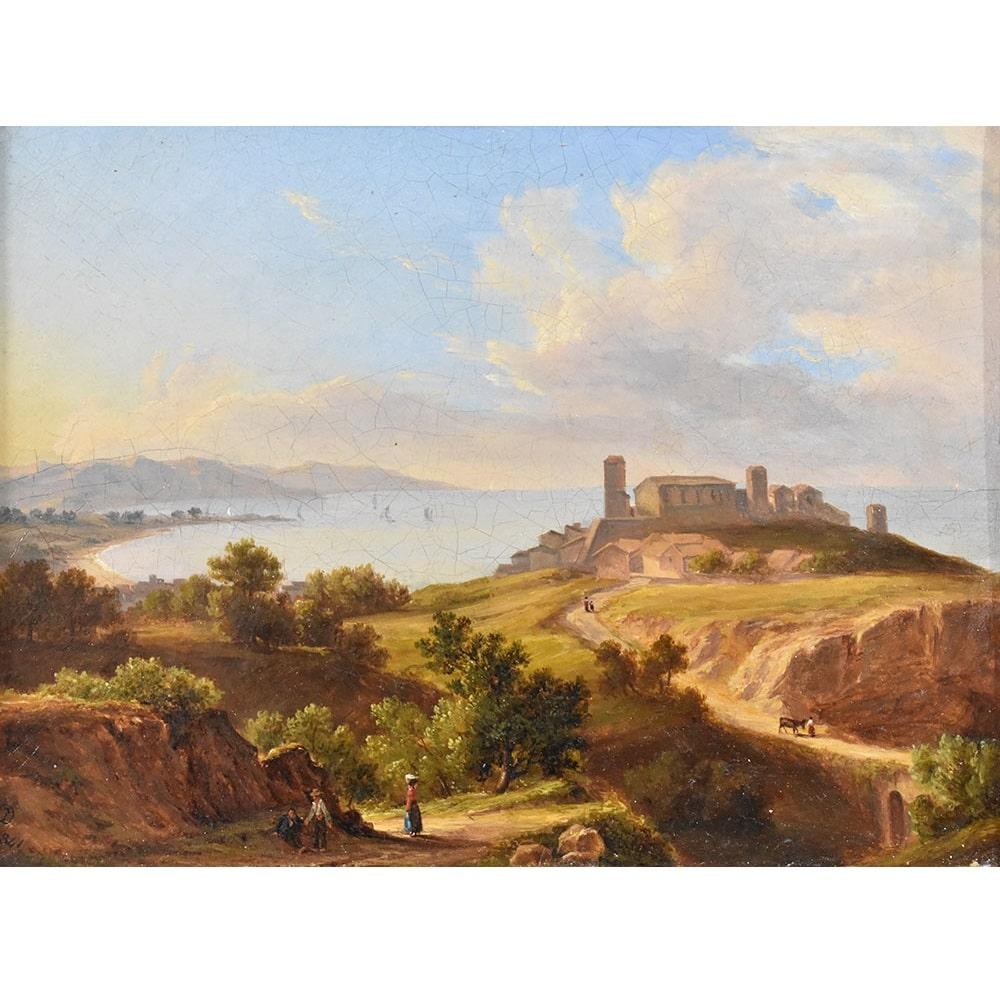 Antique Painting, Landscape painting, scenery painting which represents a Italian Landscape,
old landscape, 19th century. Oil on canvas from the nineteenth century.

Antique paintings of landscapes, and painted in warm, bright colours.  
The