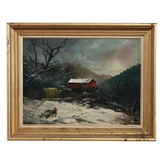 Antique Oil Painting Landscape Winter Scene with Boy by Frank M. Pasew, 19th C