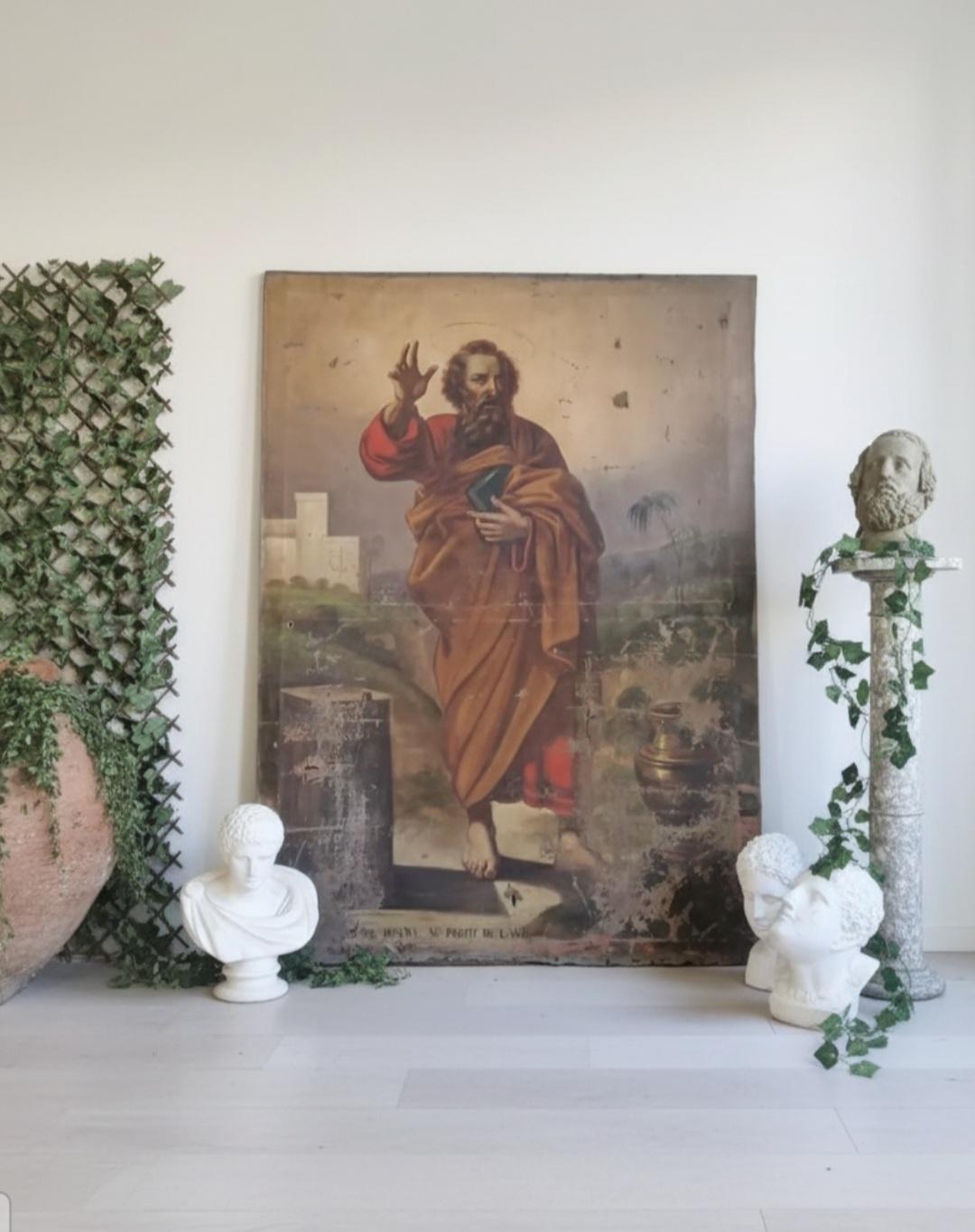 Dieses riesige, einzigartige französische Ölgemälde zeigt eine fesselnde Szene des Heiligen Matthias in kräftigen Farbtönen. Mit einer Größe von 2 m x 1,5 m ist diese Fototapete die perfekte Ergänzung für jede Grand-Hauseinrichtung. Das Wandgemälde