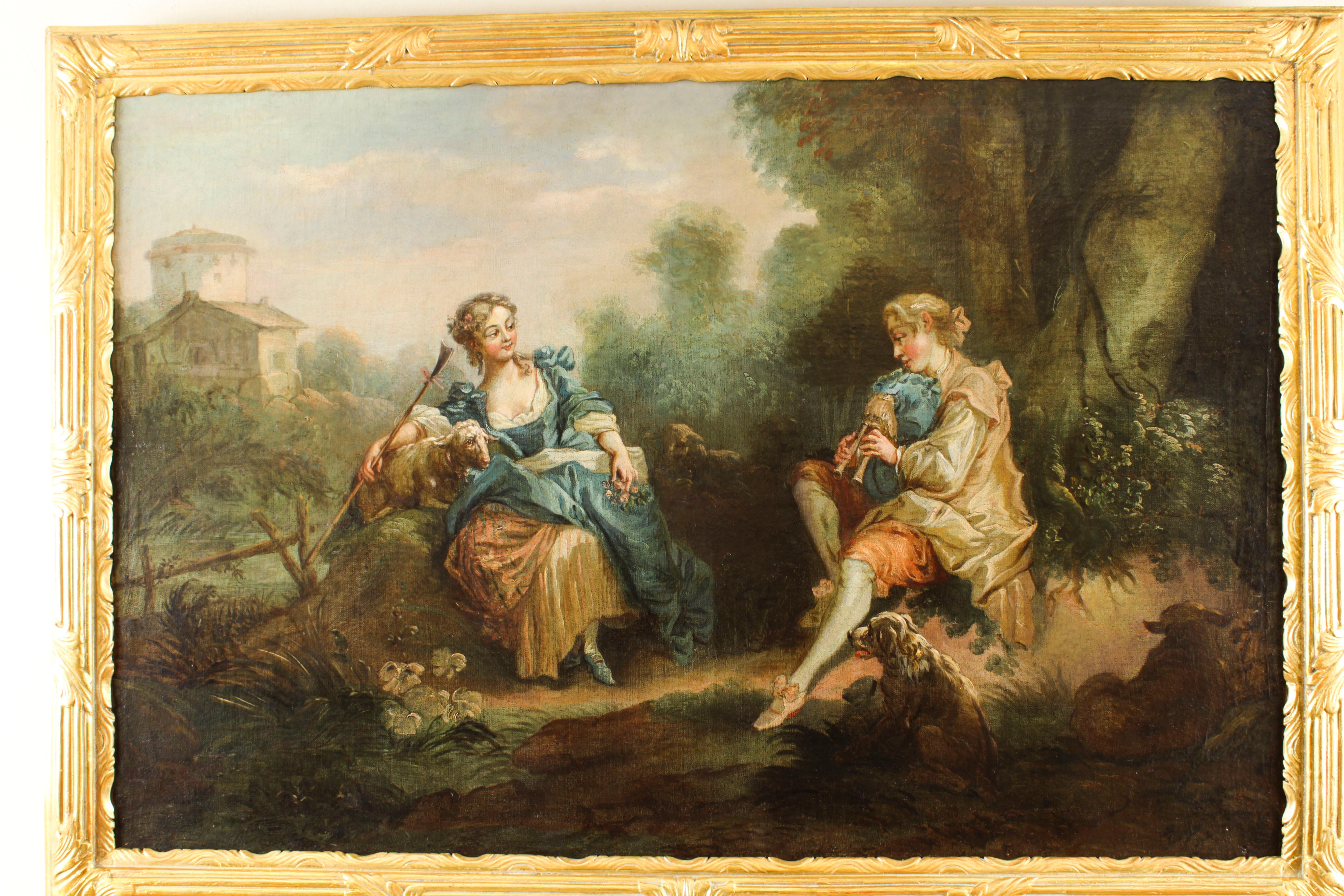 Peinture à l'huile ancienne de Jean-Antoine Watteau, La Serenade, début du 19e siècle 9