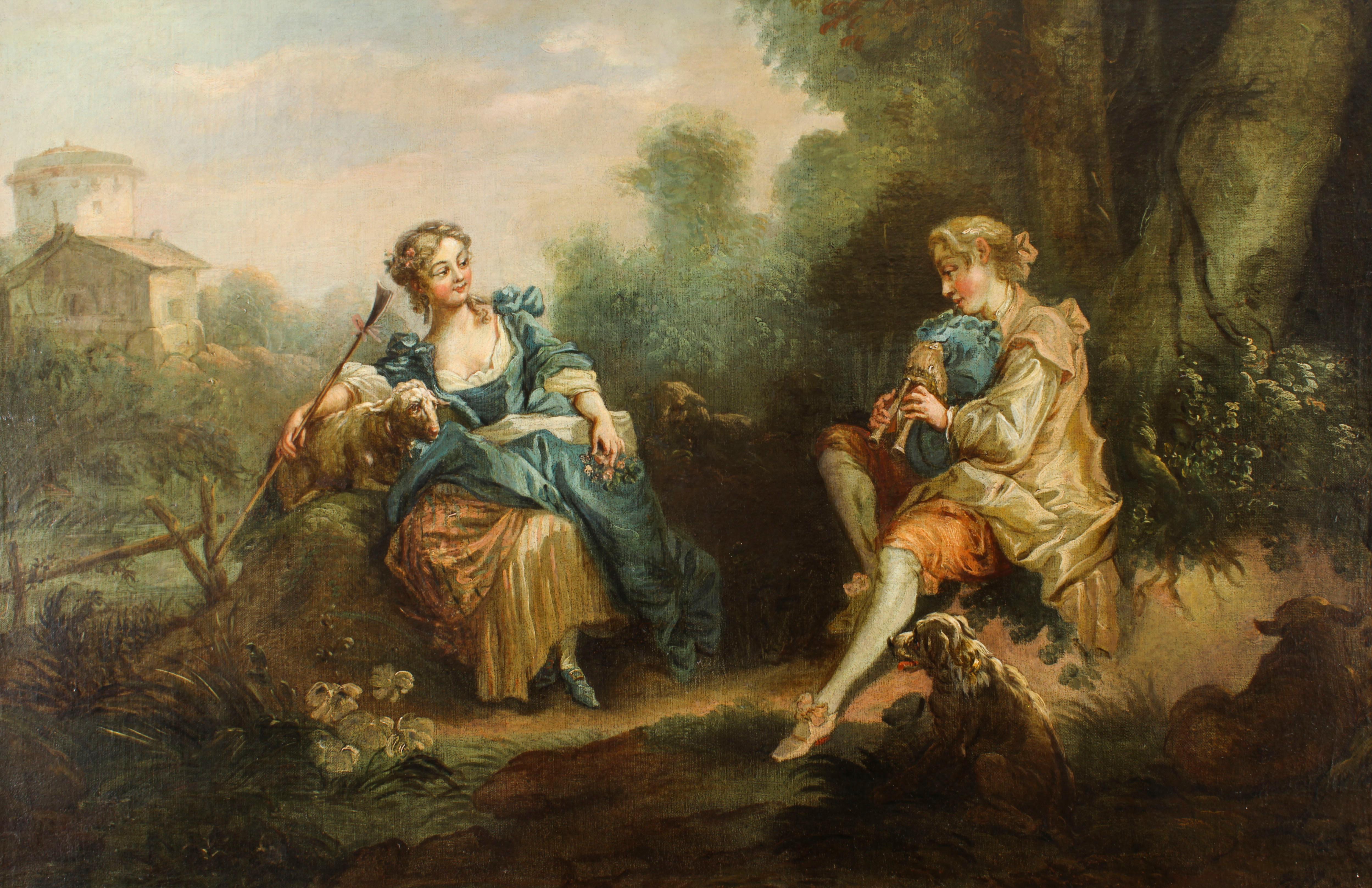 A beautiful French antique oil on canvas painting in the Manner of Jean-Antoine Watteau (1684-1721) 'The Serenade' dating from the early 19th century. 
 
The delightful subject of the painting is a courting couple in a rugged country landscape