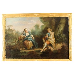 Peinture à l'huile ancienne de Jean-Antoine Watteau, La Serenade, début du 19e siècle
