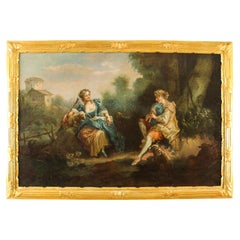Peinture à l'huile ancienne de Jean-Antoine Watteau La Serenade début du 19ème siècle