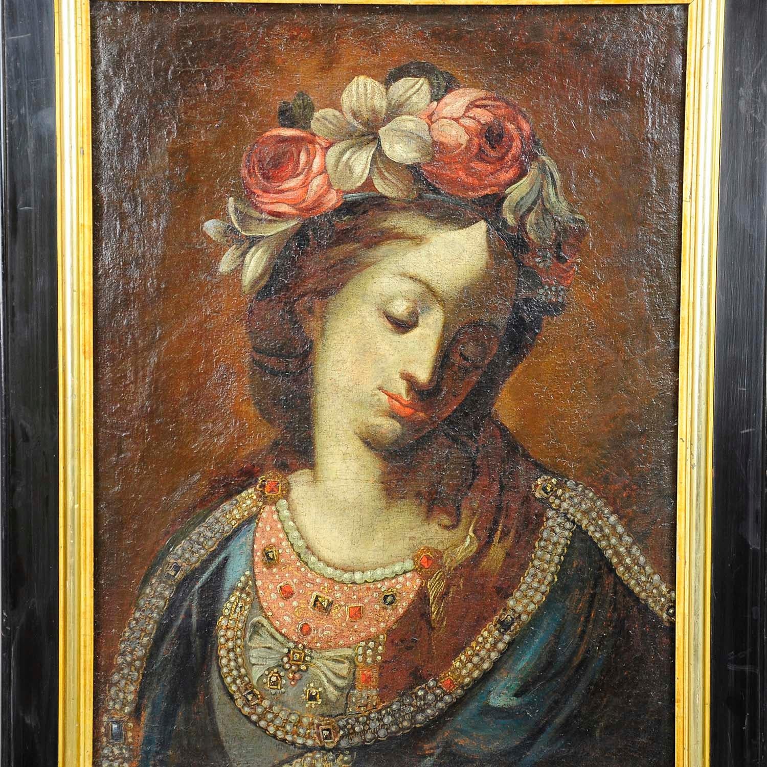 An antique oil painting depicting the holy Mother of the Beautiful Love known as the Grace Picture of Wessobrunn. Oil on canvas with vigorous pastell colors. Framed with antique decorative black and gilded frame. Unsigned, Germany, Bavaria, early