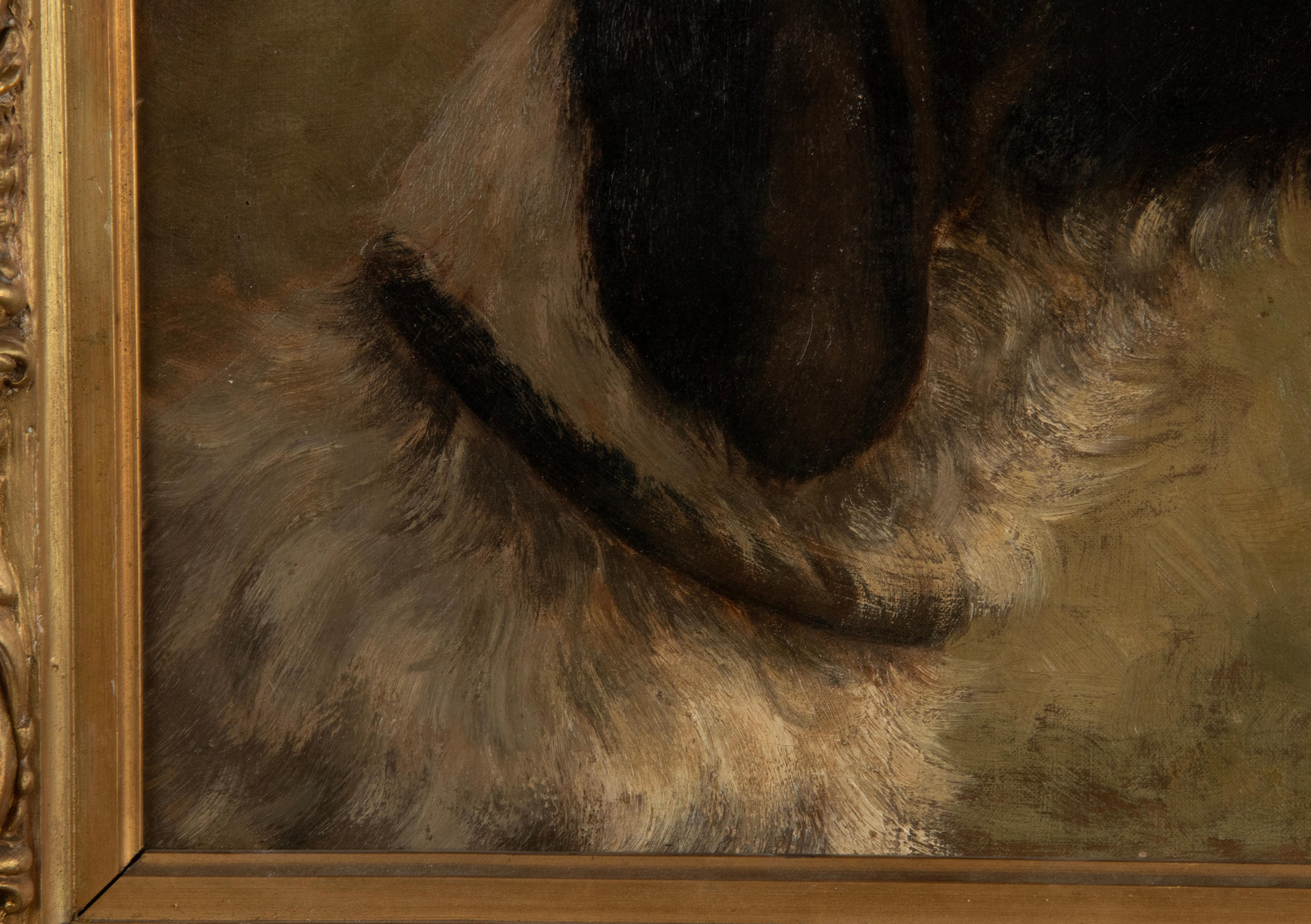 Début du 20ème siècle Peinture à l'huile ancienne d'un chien Springer Spaniel anglais par Alice Léotard