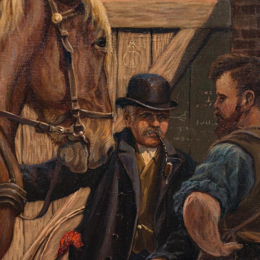 Painted Antique Oil Painting of a Farrier and Draft Horses by Carl Hertz