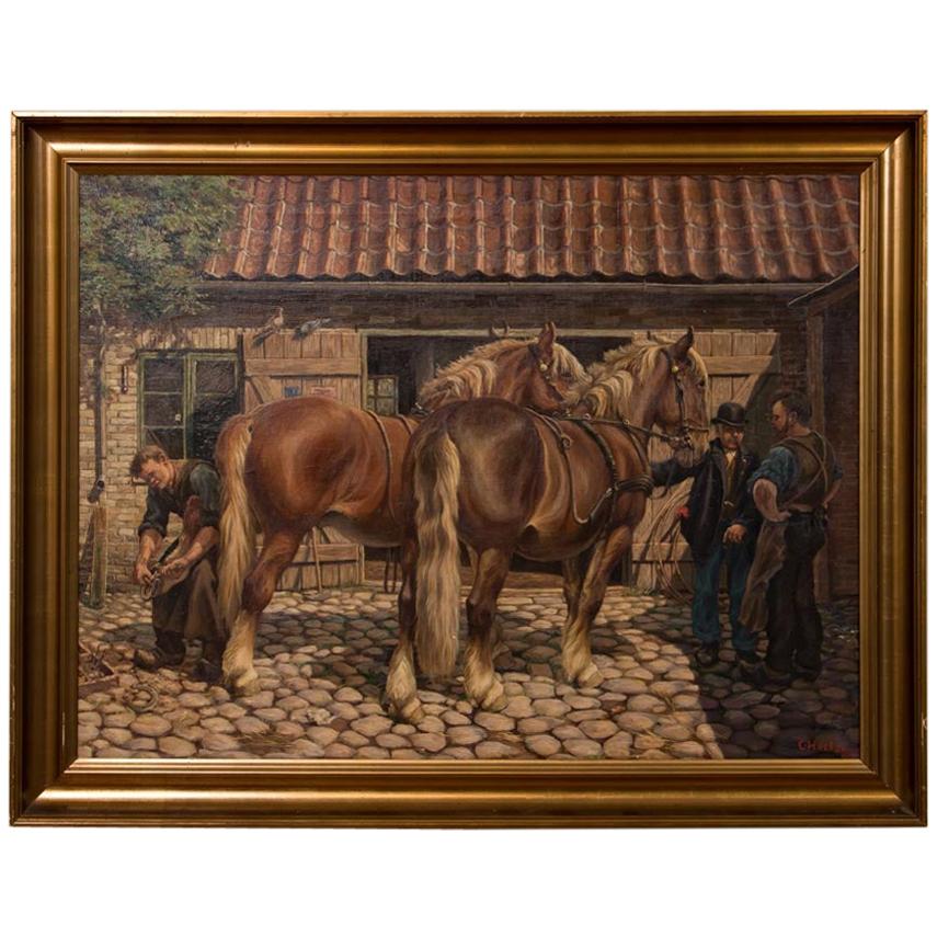 Antique Oil Painting of a Farrier and Draft Horses by Carl Hertz
