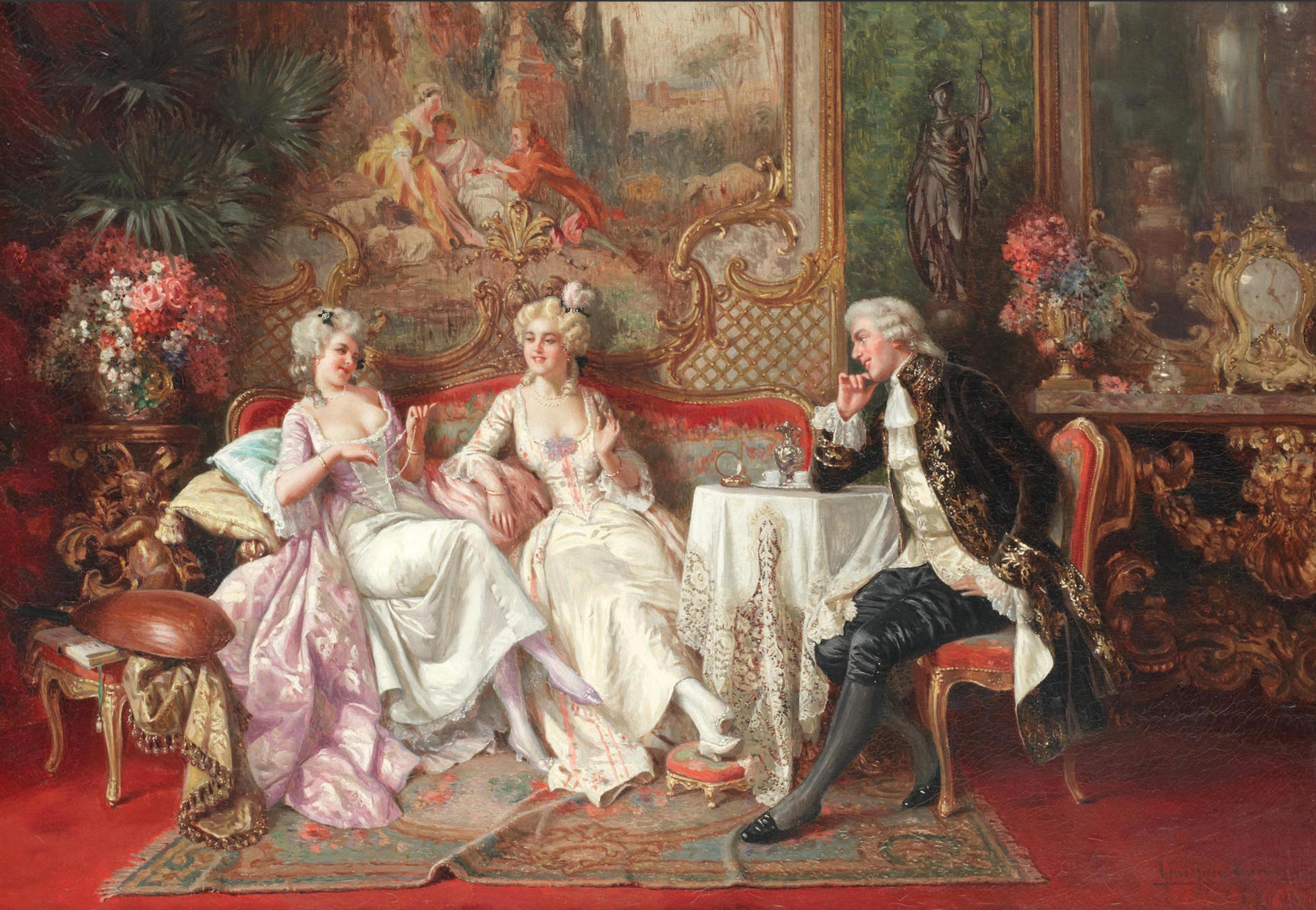 An Afternoon of Leisure
By Giuseppe Guidi, (1884-1931)

A noted Italian painter of genre scenes and interior merry companies, this oil on canvas depicts two ladies of the court, accompanied by a charming gentleman. Dressed in lavish 18th century