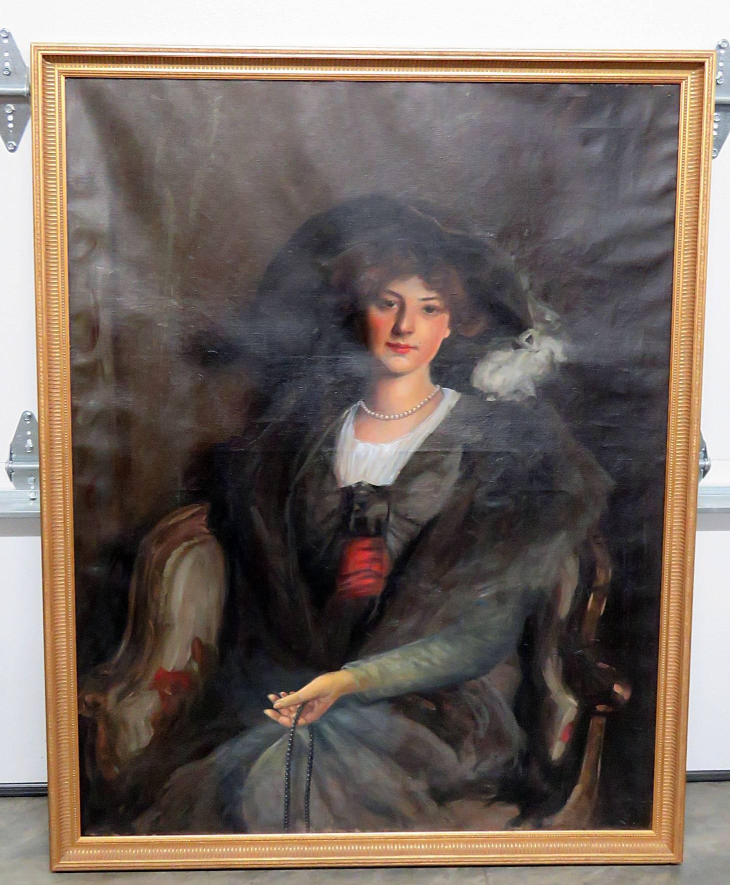 Antique oil painting of a woman in a gilt frame. This is from the John DeLorean estate in New Jersey. The painting itself is 48