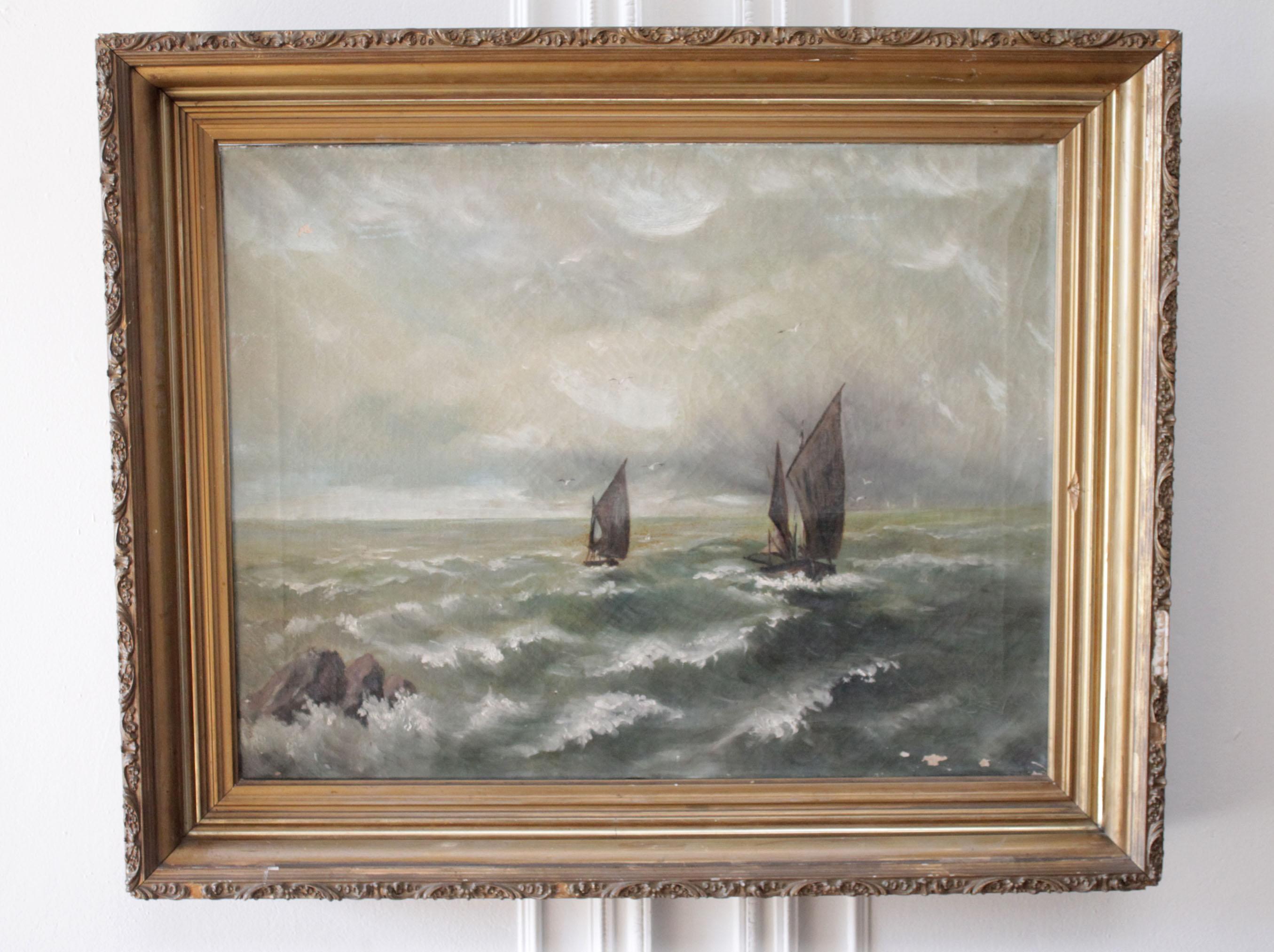 Antique oil painting of boat at sea in giltwood frame
Unsigned, this oil painting on canvas is framed in a chippy, giltwood frame.
The oil does have age signs with some peeling and fading.
We have not cleaned this item, we are selling as