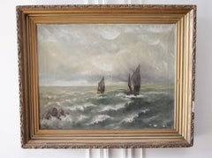 Antico dipinto a olio di una barca in mare con cornice in legno d'orato