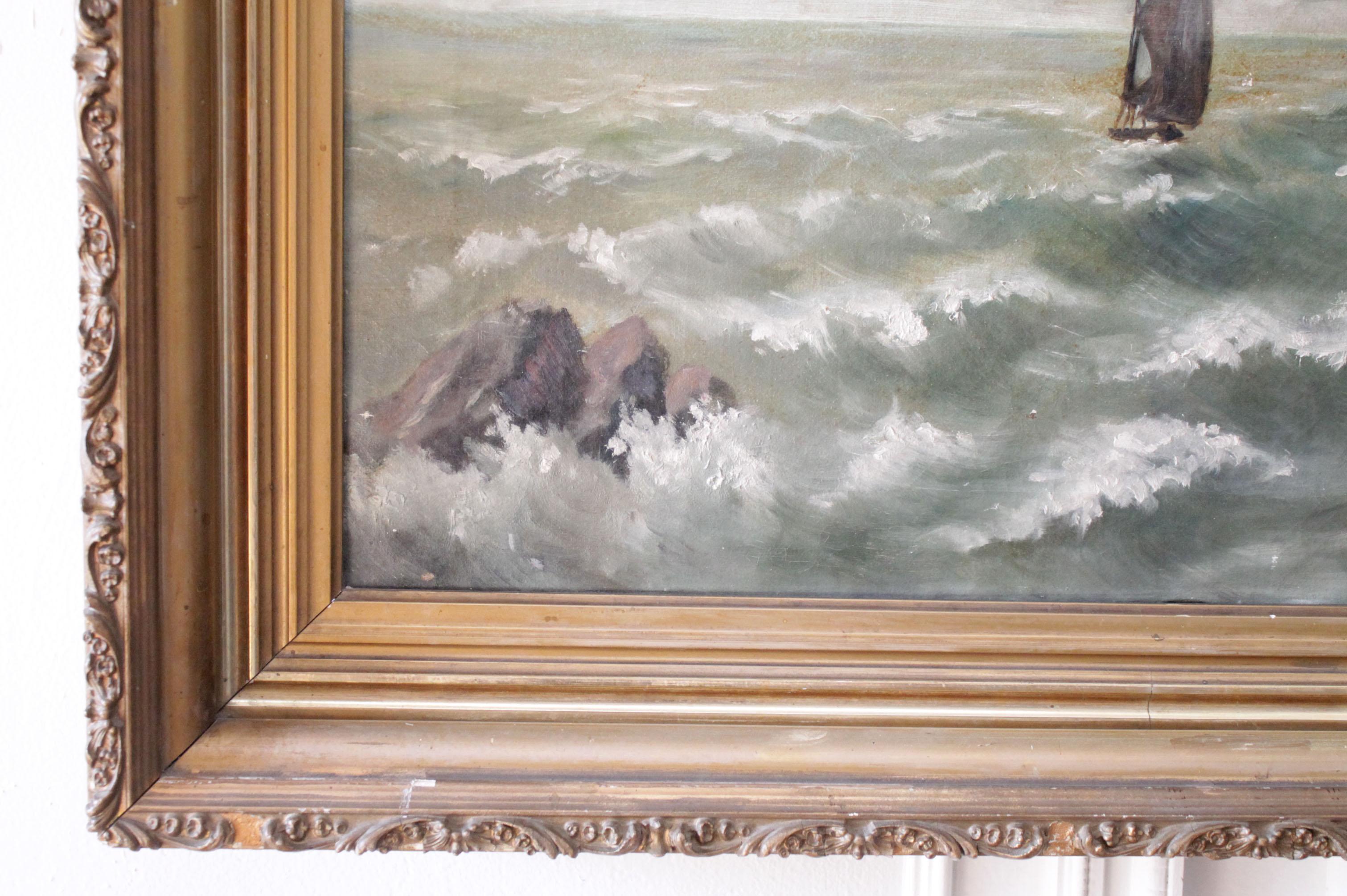 Antique Oil Painting of Boat at Sea in Giltwood Frame In Good Condition For Sale In Brea, CA