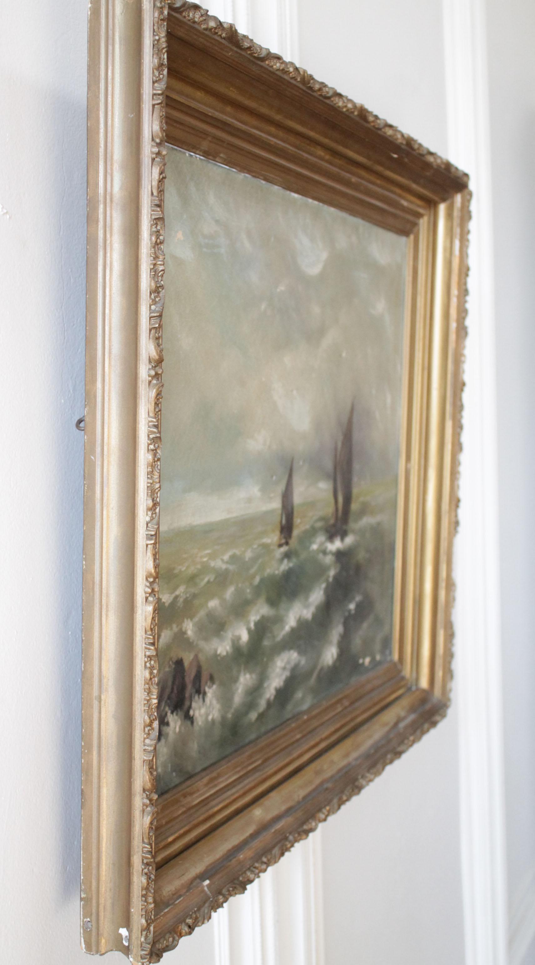 Canvas Antique Oil Painting of Boat at Sea in Giltwood Frame For Sale