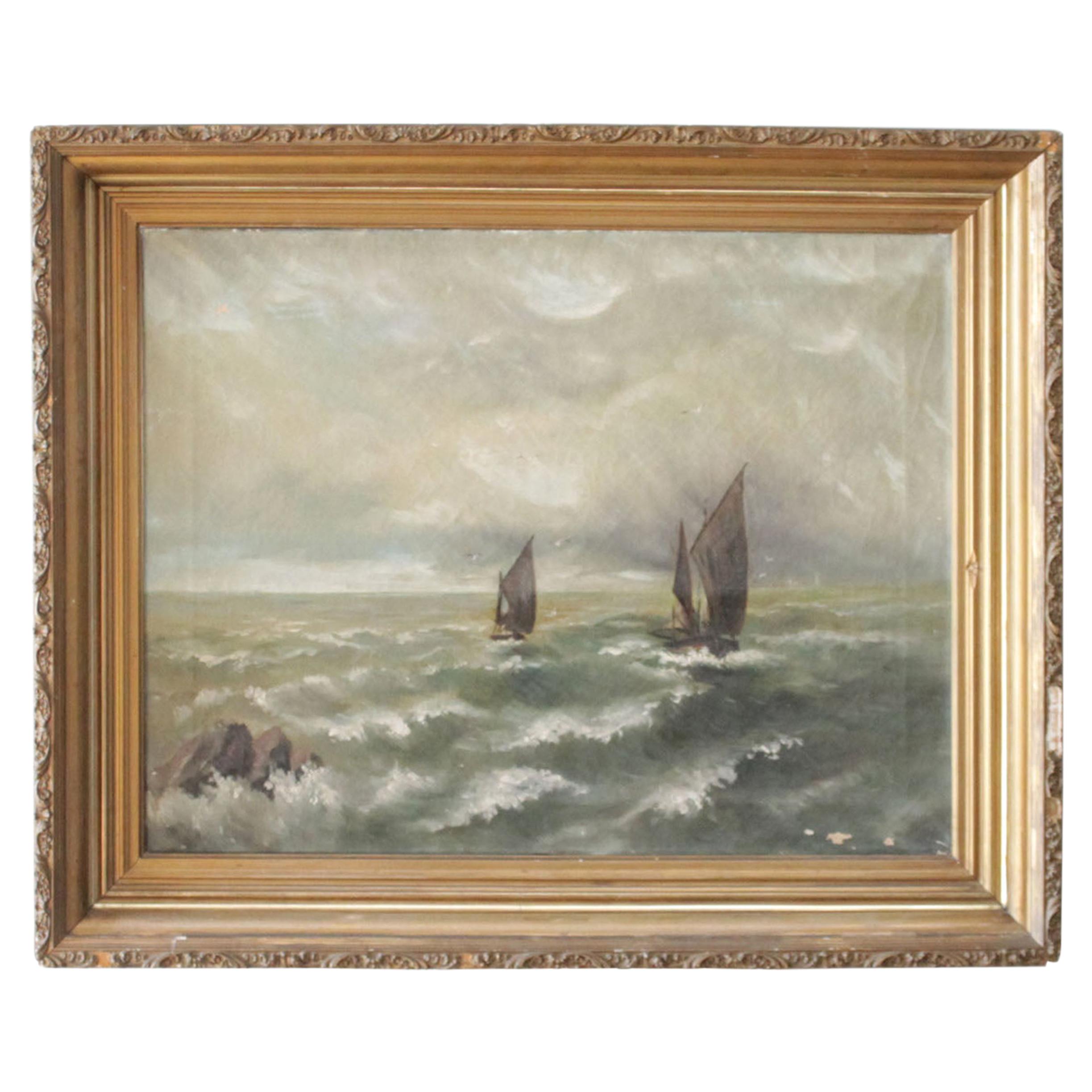 Peinture à l'huile ancienne d'un bateau en mer dans un cadre en bois doré en vente
