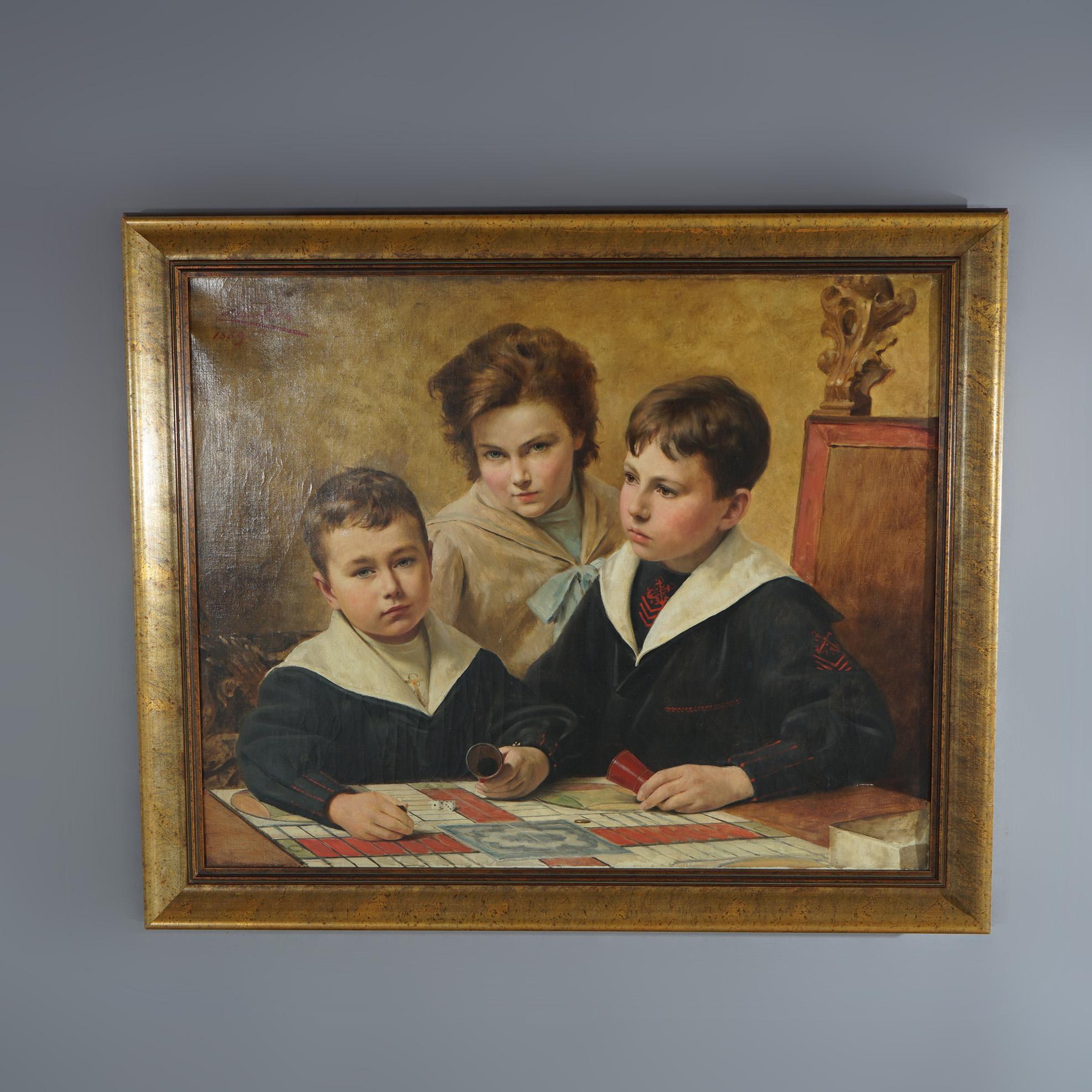 An antique genre painting offers oil on canvas interior scene with children playing Parecheessi (board game), artist signed and dated, seated in giltwood frame, c1889

Oil Painting O/C Children Playing Parcheesi, Signed T. Chartran Dated