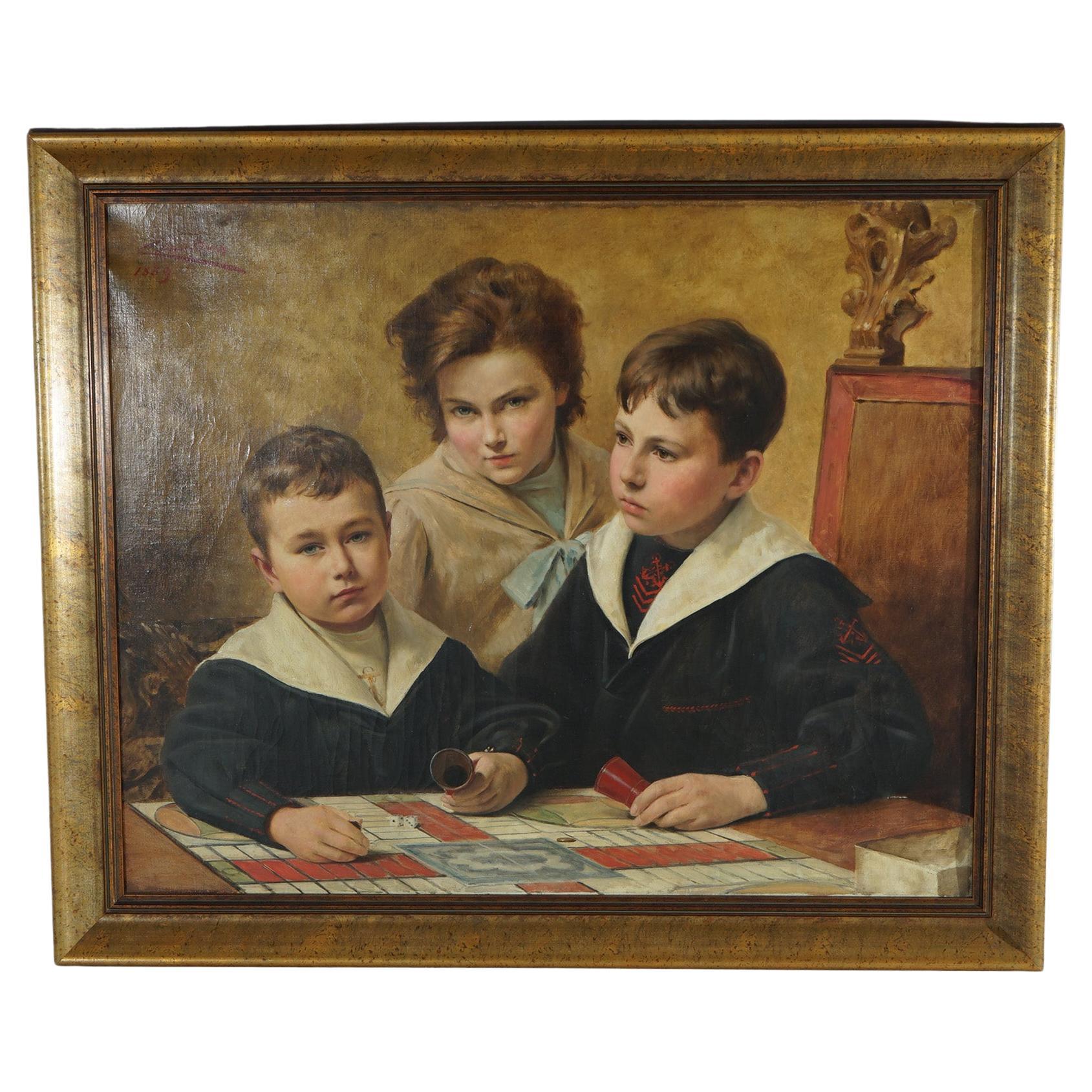 Antique Oil Painting of Children Playing Game (Parcheesi) by T. Chartran, c1889