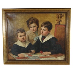 Antique Oil Painting of Children Playing Game (Parcheesi) by T. Chartran, c1889
