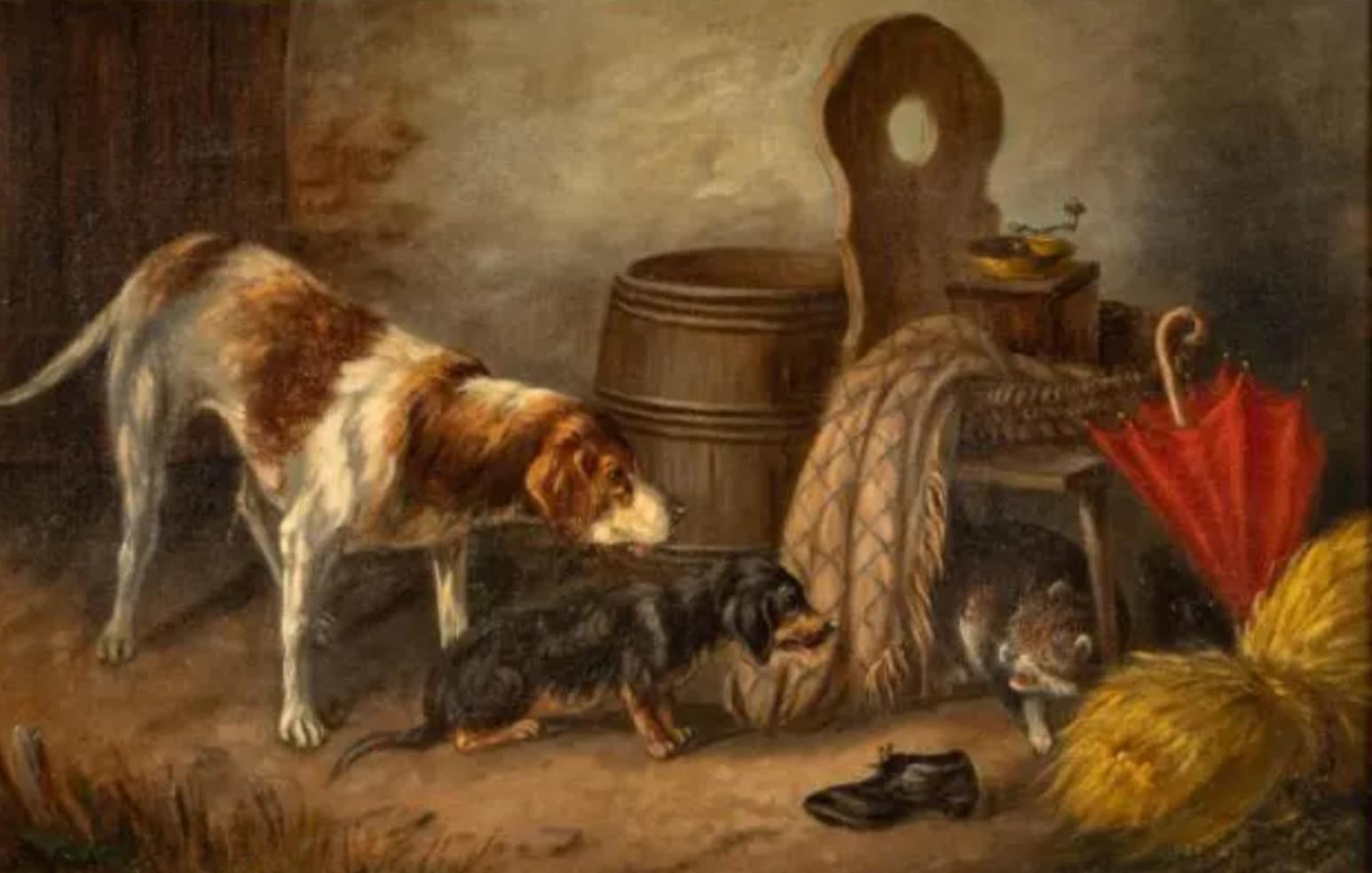 Tedesco Dipinto a olio antico di cani di Bernard de Gempt in vendita