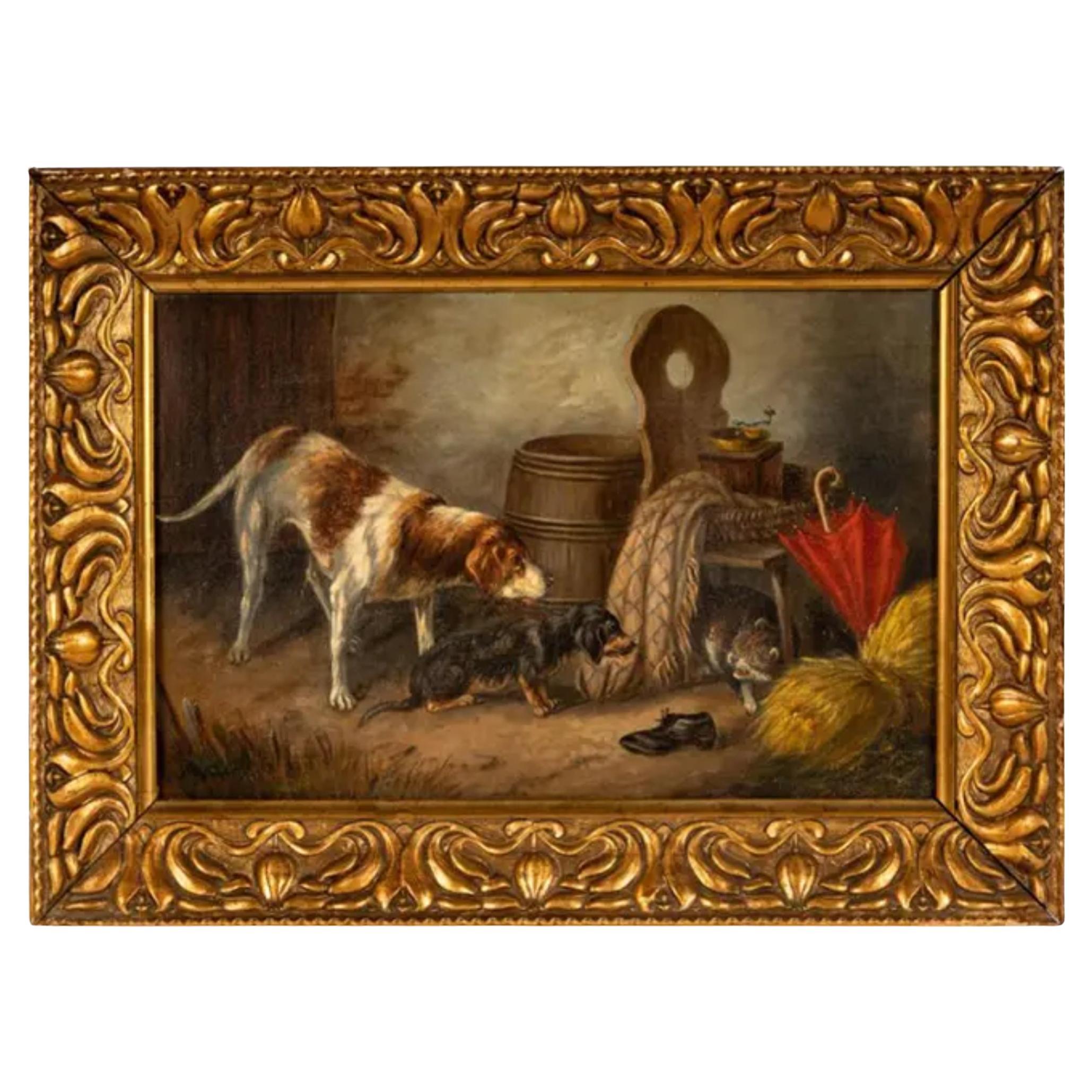 Antique Oil Painting of Dogs by Bernard De Gempt