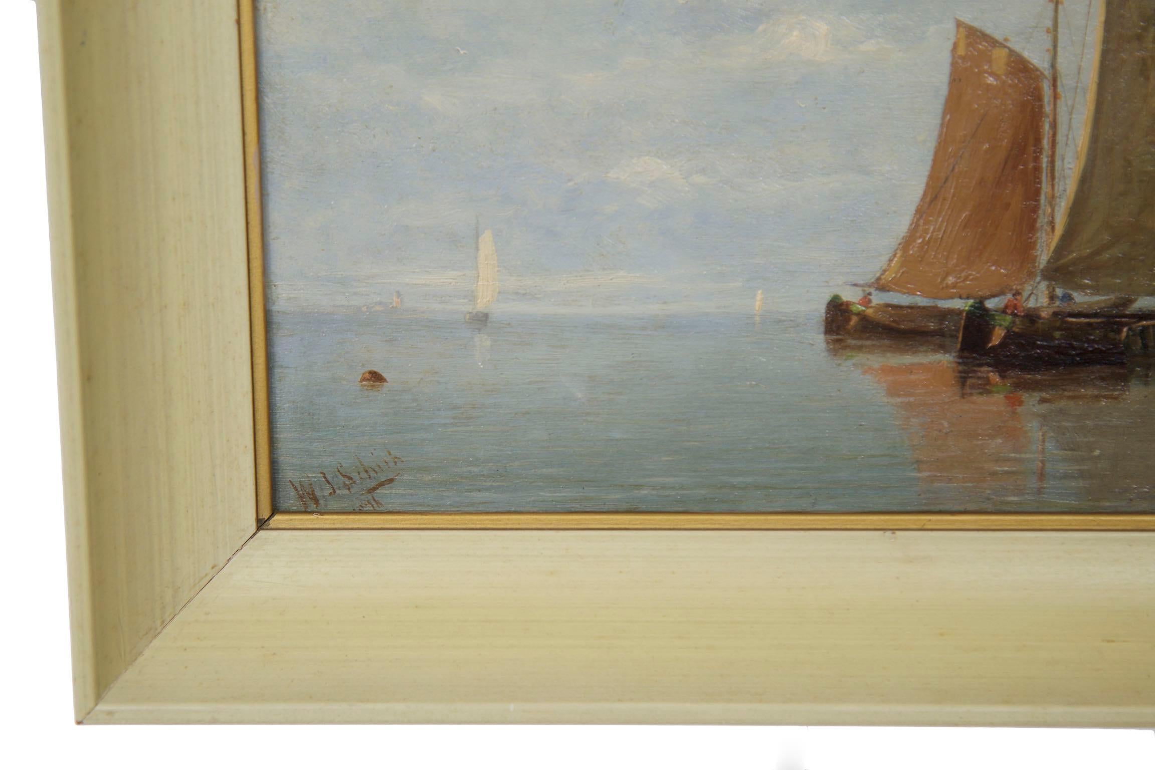 Antique Oil Painting of Fishing Vessels Seascape by Willem Schütz, circa 1896 6