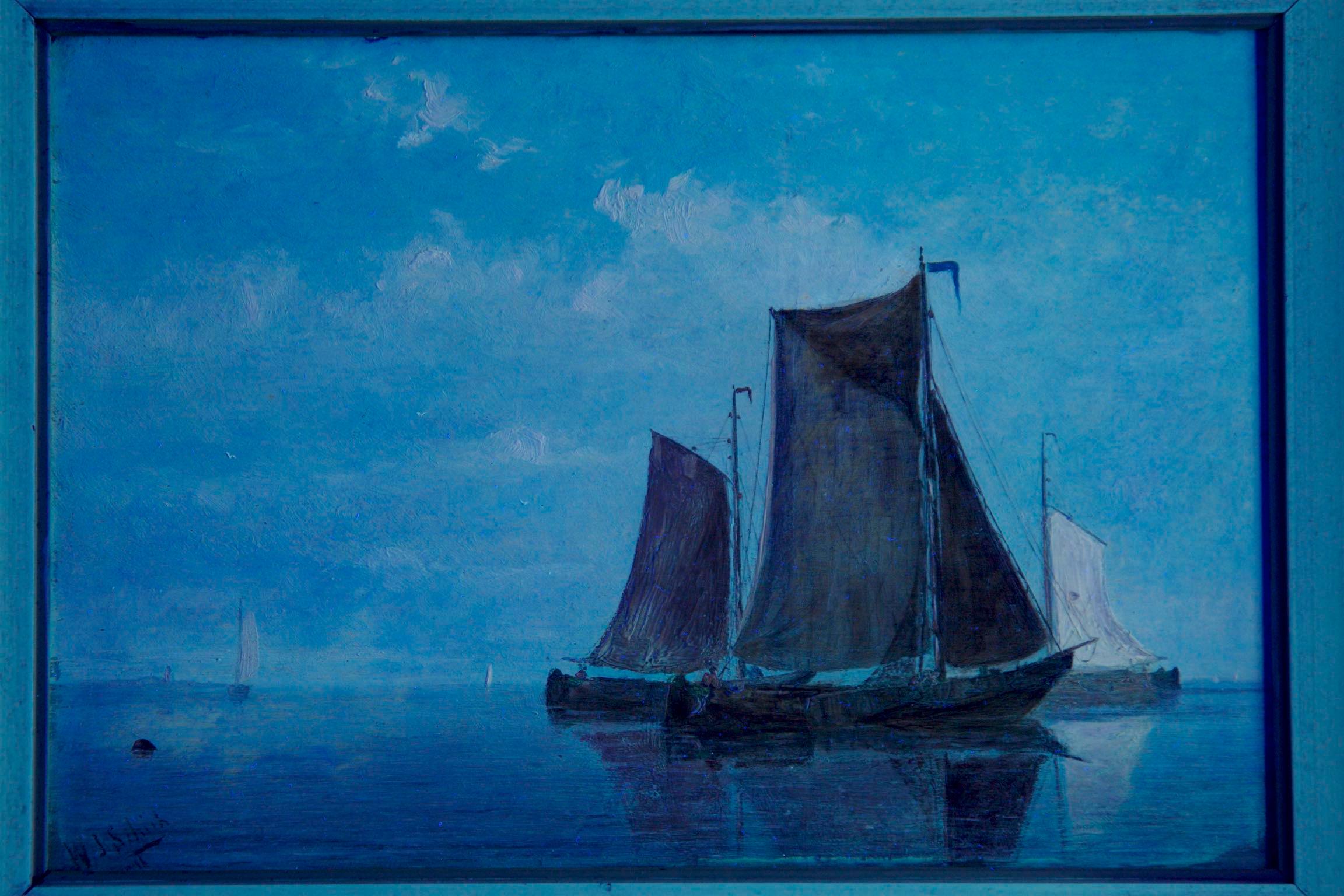 Antique Oil Painting of Fishing Vessels Seascape by Willem Schütz, circa 1896 11