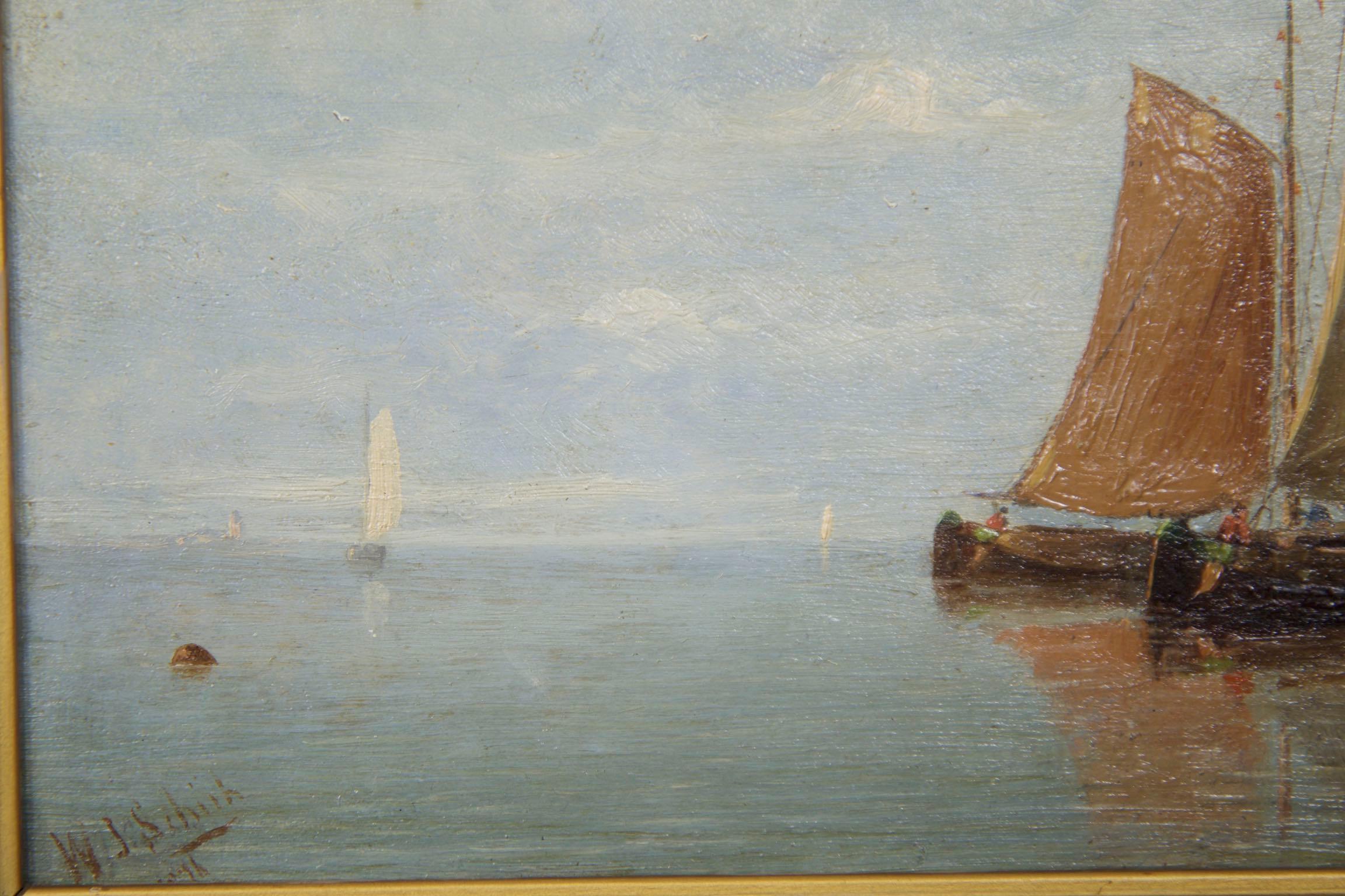 Hand-Painted Antique Oil Painting of Fishing Vessels Seascape by Willem Schütz, circa 1896
