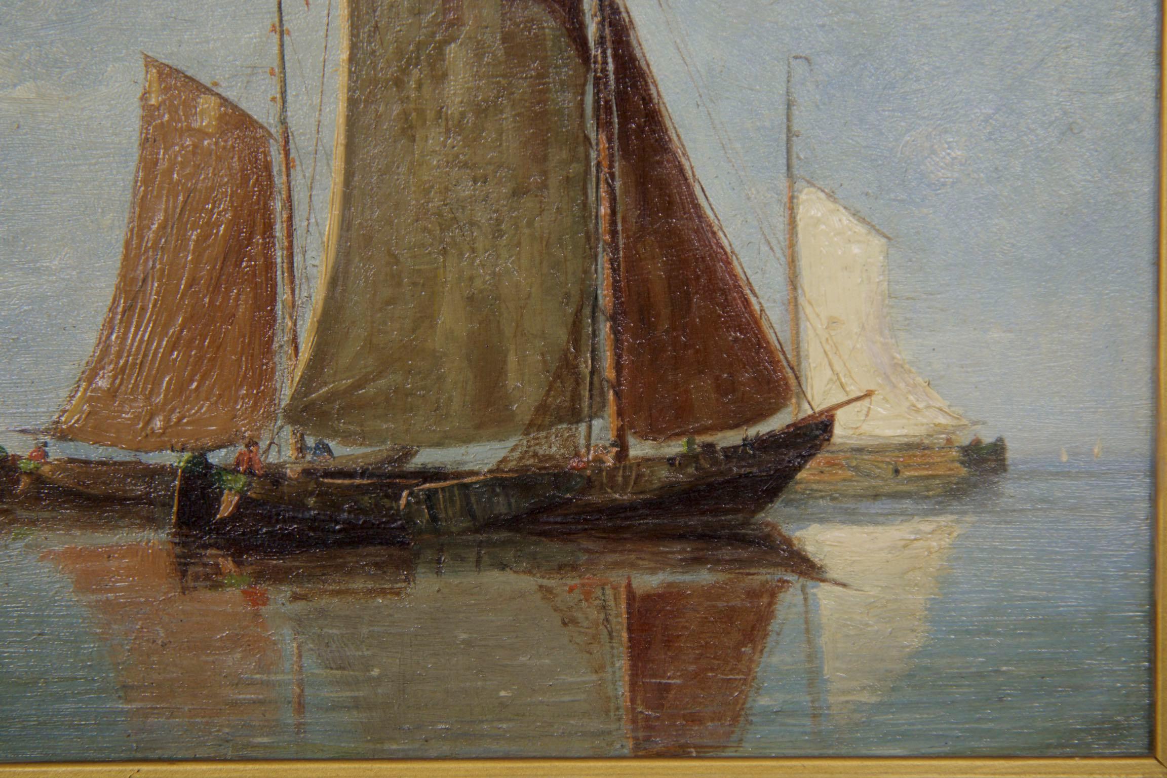 Antique Oil Painting of Fishing Vessels Seascape by Willem Schütz, circa 1896 In Good Condition In Shippensburg, PA