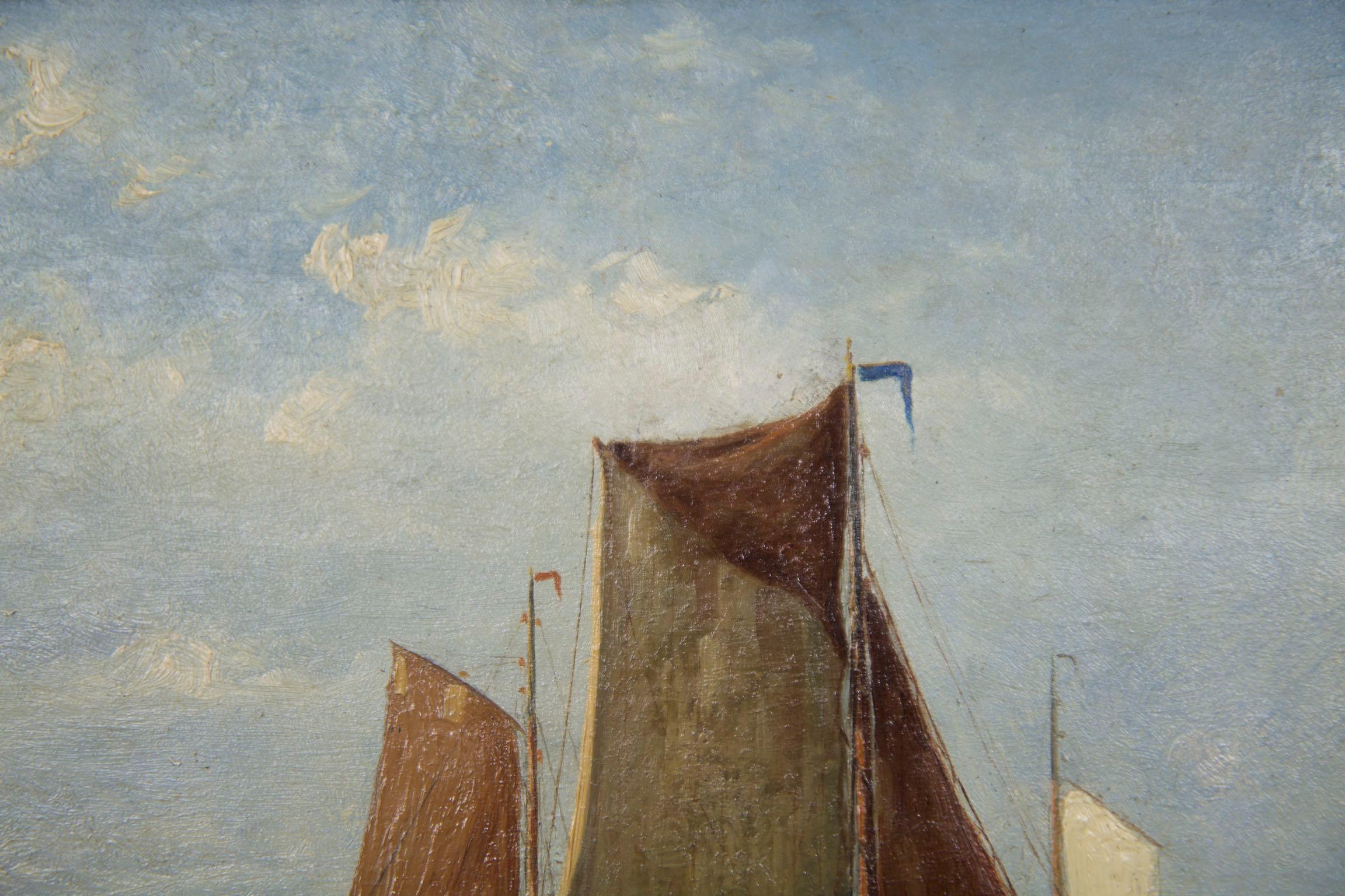 19th Century Antique Oil Painting of Fishing Vessels Seascape by Willem Schütz, circa 1896