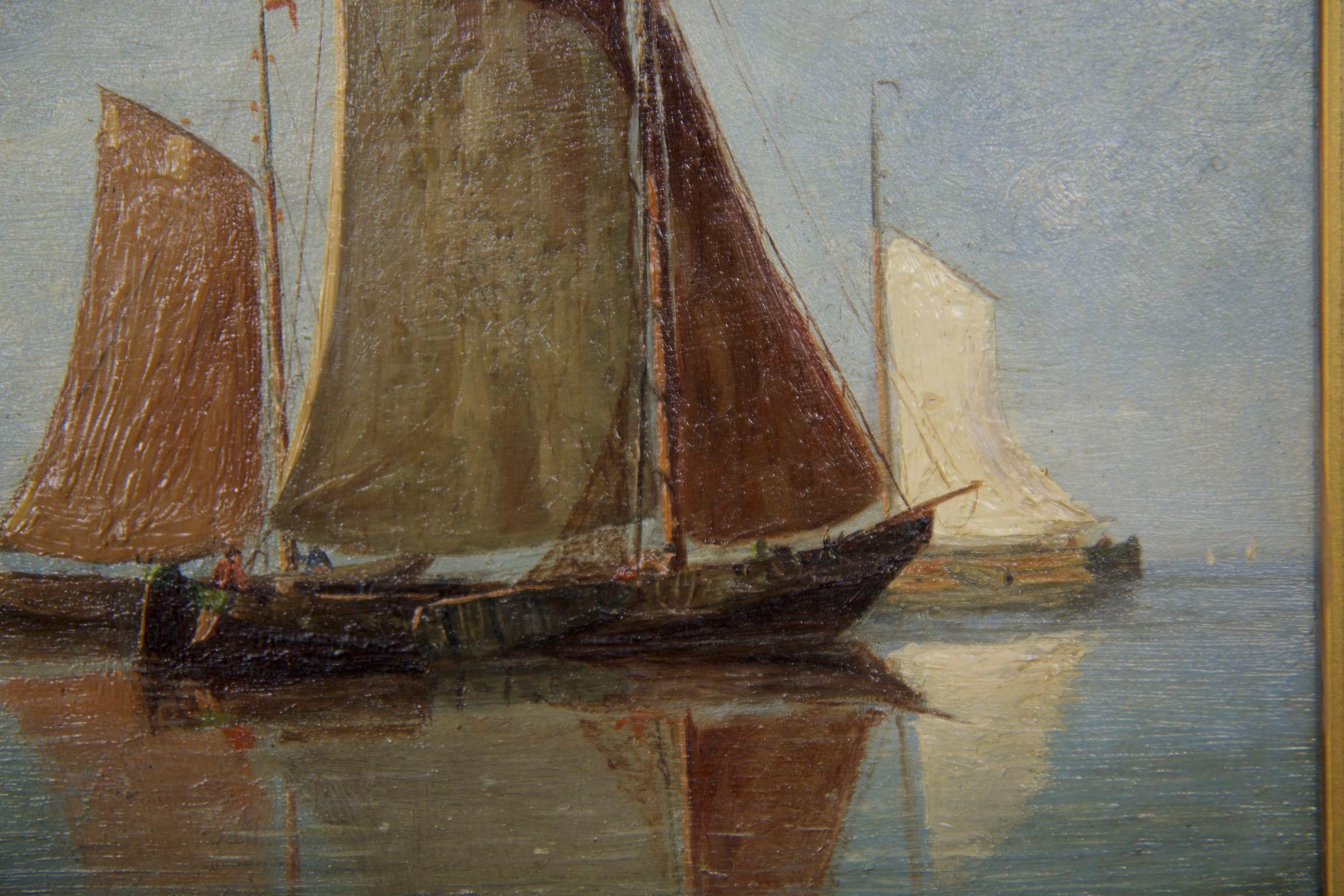 Antique Oil Painting of Fishing Vessels Seascape by Willem Schütz, circa 1896 1