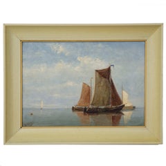 Antique Oil Painting of Fishing Vessels Seascape by Willem Schütz, circa 1896