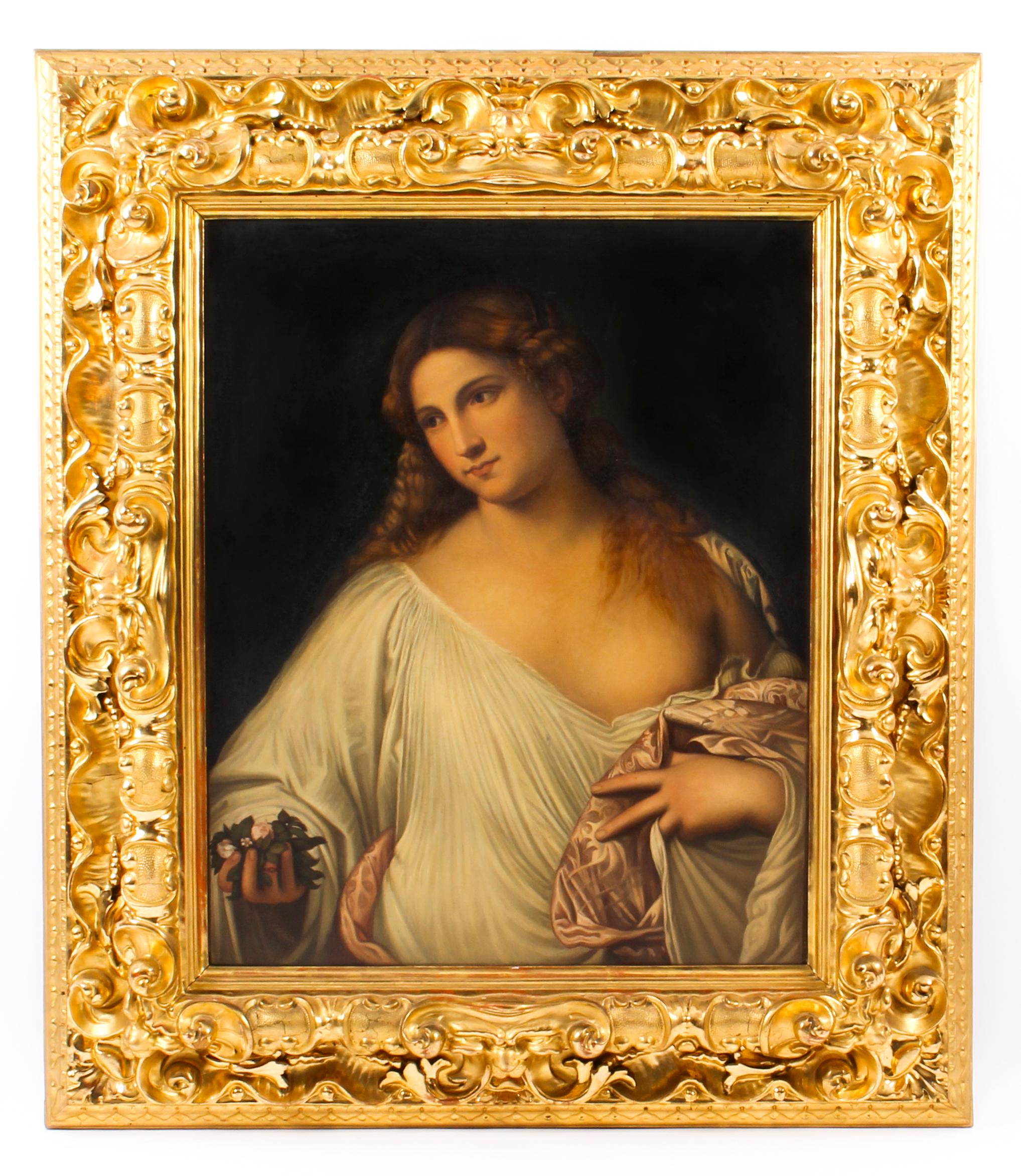 Oil Painting of Flora after Titian in Florentine Giltwood Frame, 19th Century 9