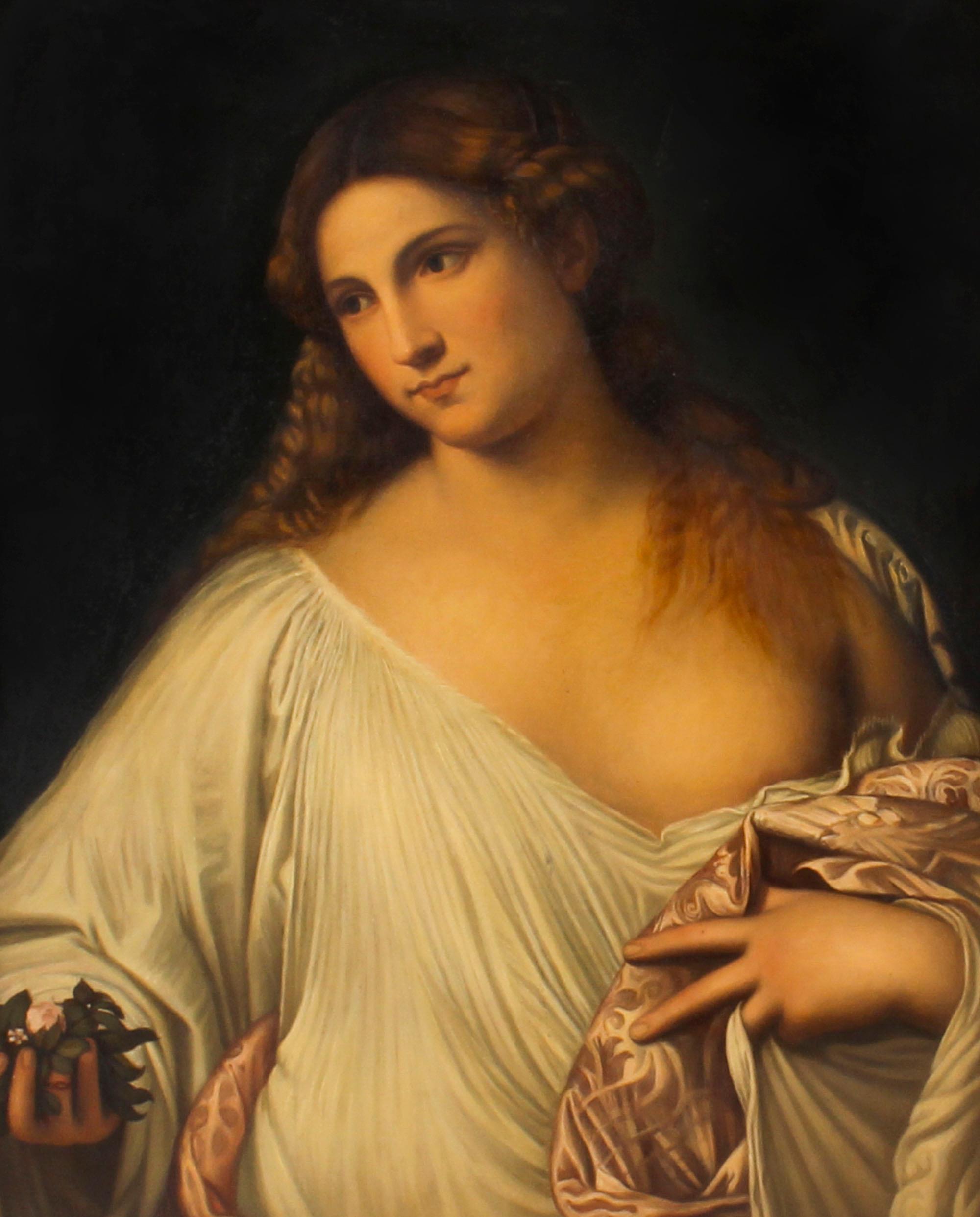 This is a magnificent large antique oil on canvas painting of Flora, after the Renaissance Italian painter, Titian (1488/90 -1576), circa 1850 in date.

Exactly as in the original painting which is currently displayed at the Galleria Uffizi in